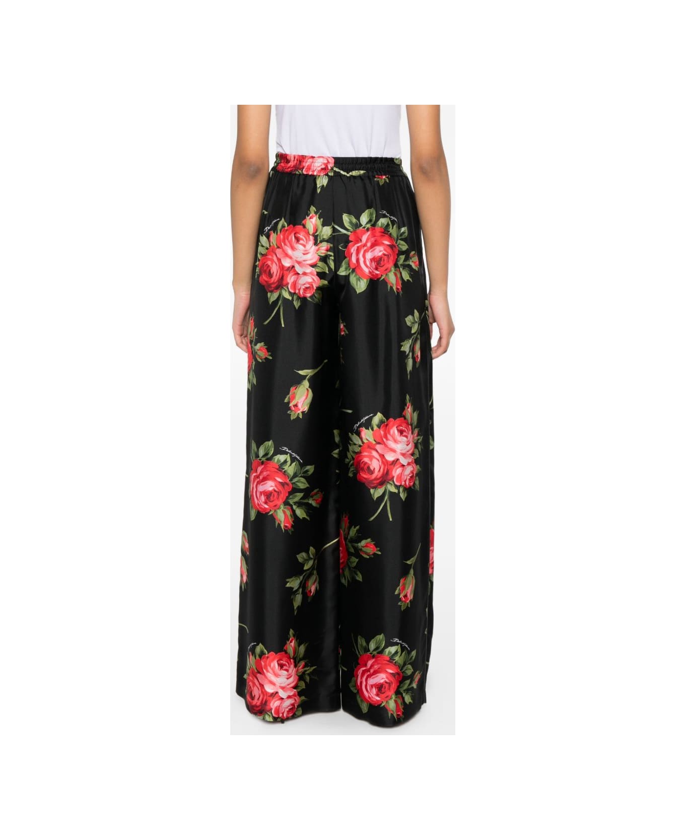 Dolce & Gabbana Roses Bouquet Print Silk Trousers - Black