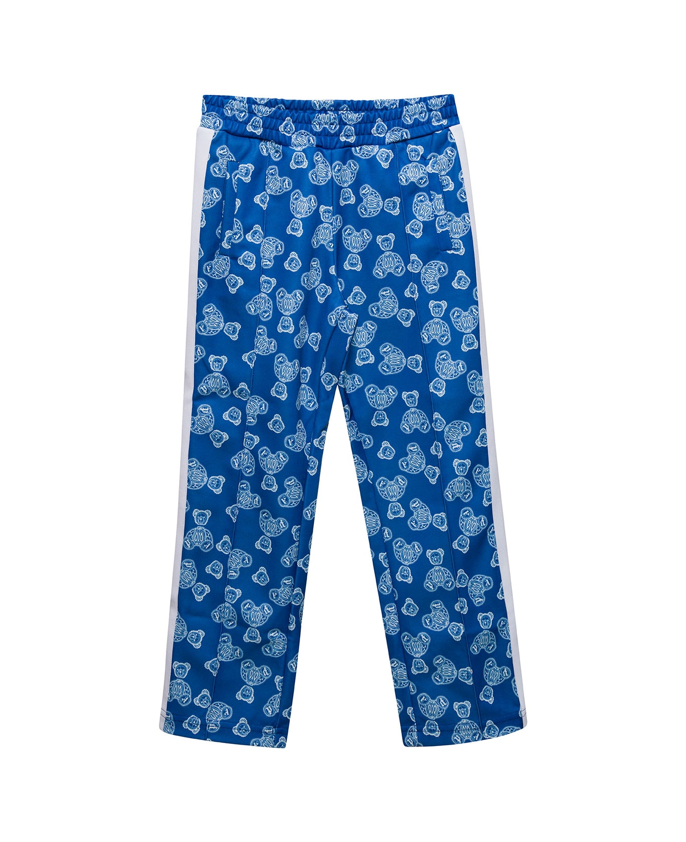 Palm Angels Blue Track Pants With All-over 'paisley' Teddy Bear Print In Cotton Blend Boy - Blu