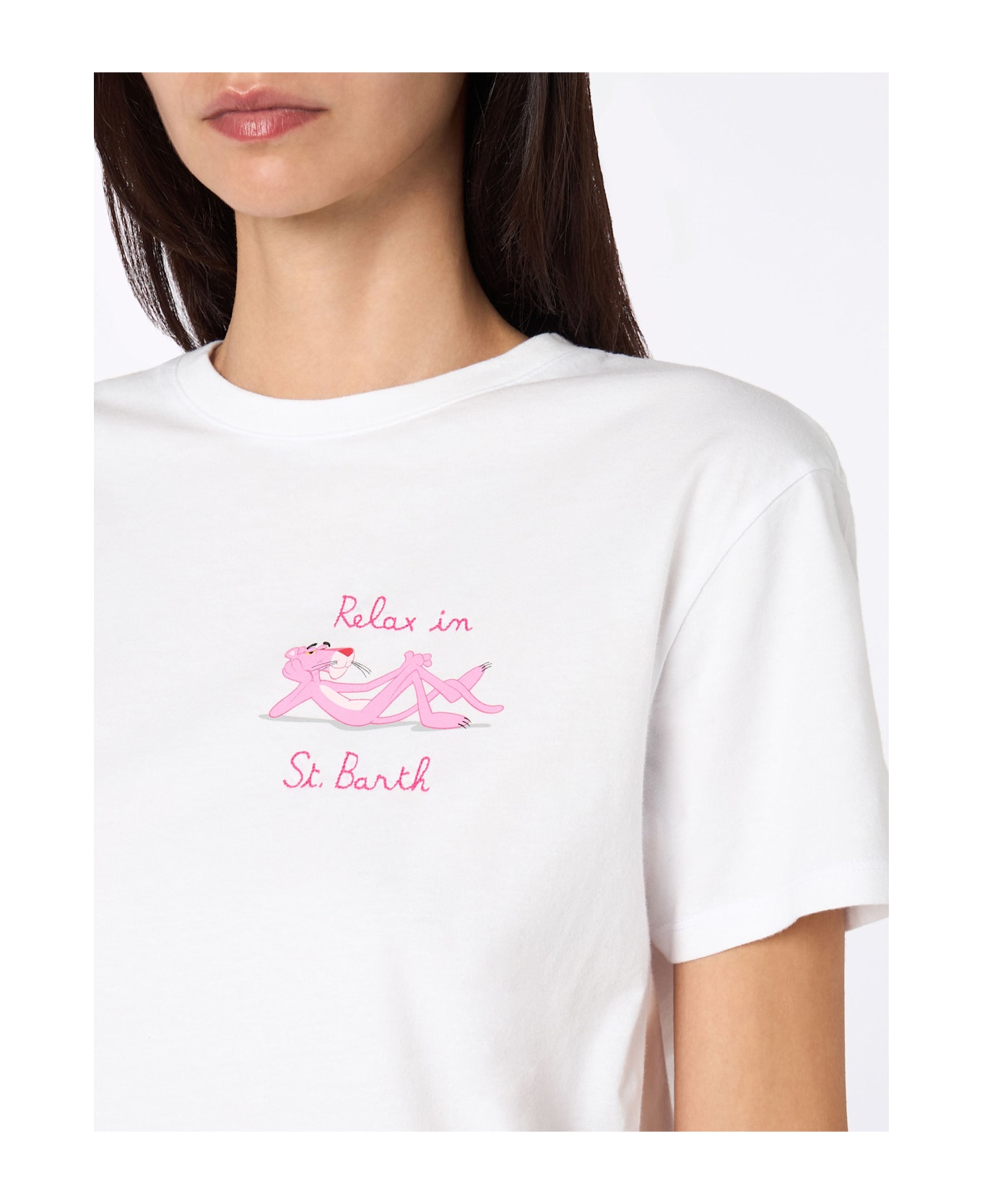 MC2 Saint Barth Woman White Cotton Jersey Crewneck T-shirt Emiilie With Relax In St. Barth Embroidery | Pink Panther Special Edition - WHITE