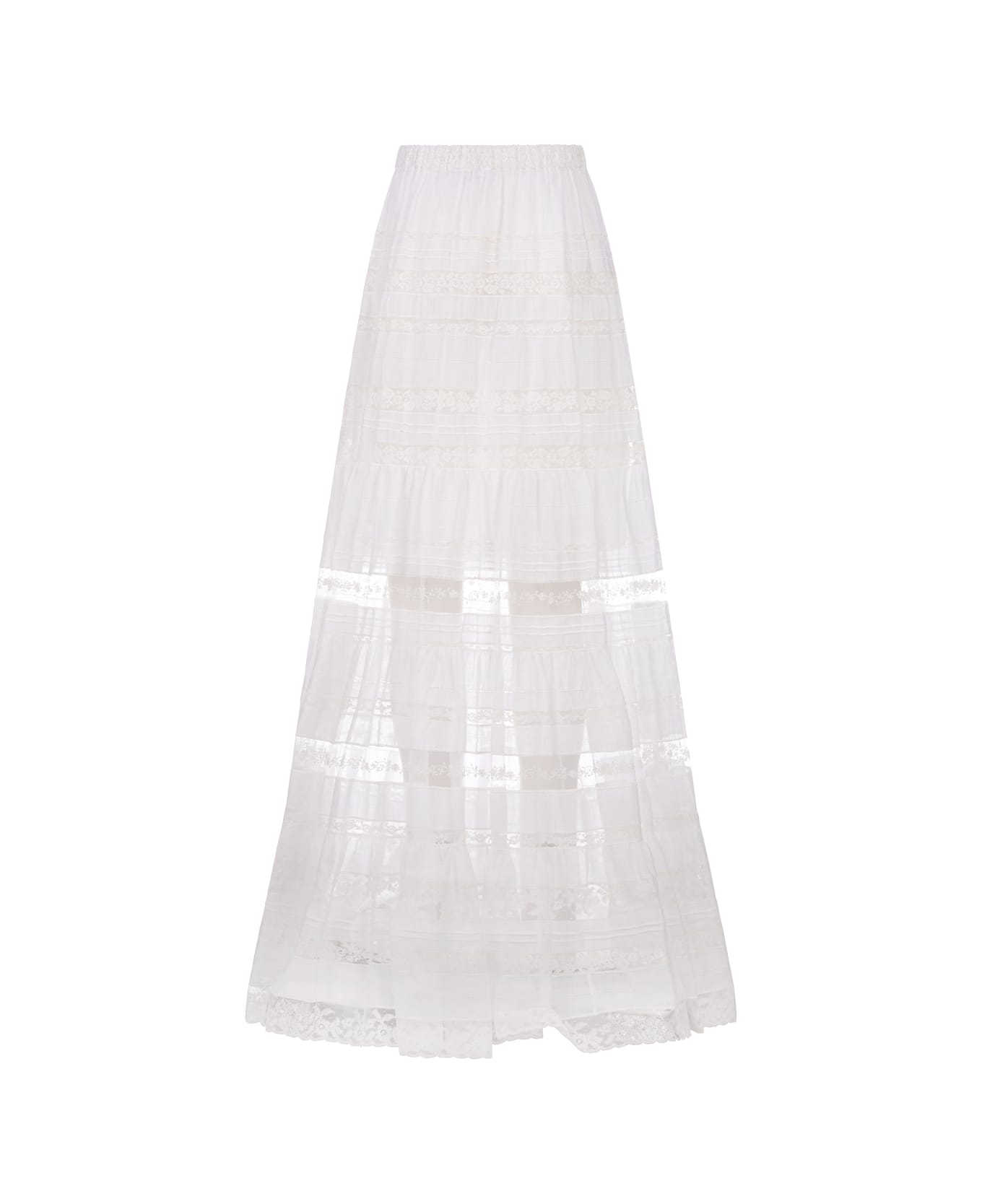Ermanno Scervino Long White Ramiè Skirt With Valencienne Lace - White スカート