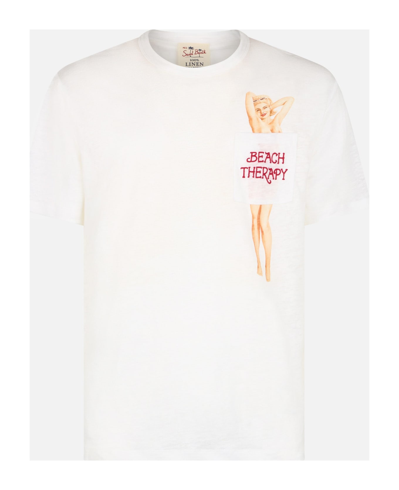 MC2 Saint Barth Man Linen Jersey T-shirt Ecstasea With Printed And Embroidered Pocket - WHITE