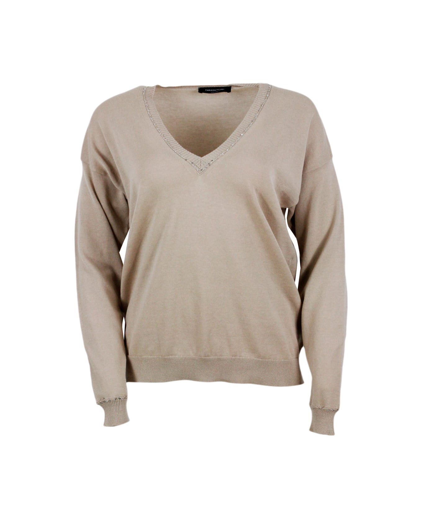 Fabiana Filippi Long-sleeved V-neck Sweater In Fine Cotton Embellished With Brilliant Applied Microsequins - Camel ニットウェア