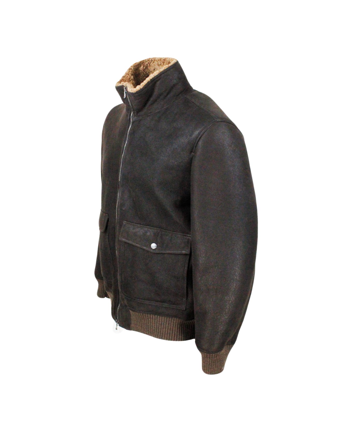 Barba Napoli Bomber Jacket In Fine And Soft Shearling Sheepskin With Stretch Knit Trims And Zip Closure. Front Pockets - Brown
