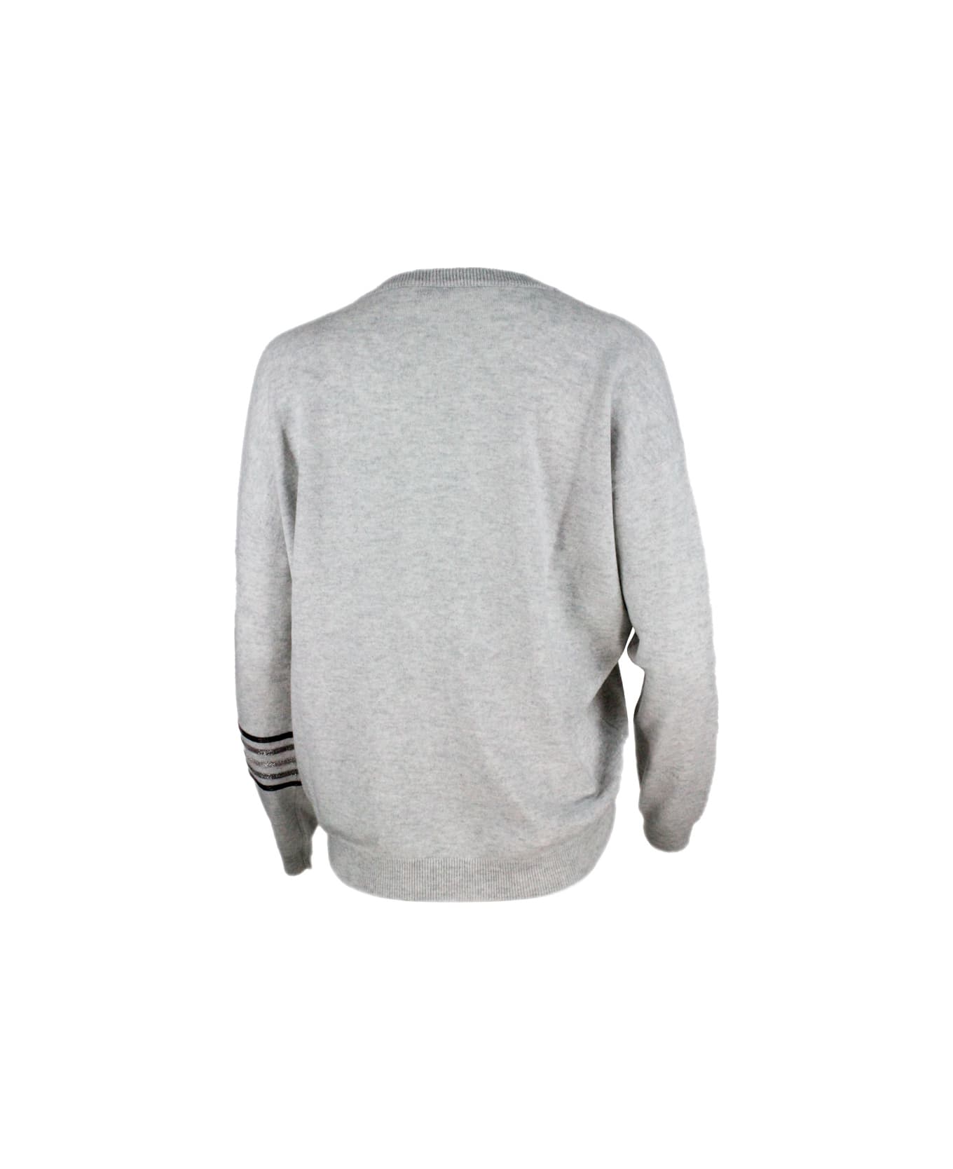 Brunello Cucinelli Cashmere V-neck Sweater With Rows Of Jewels On The Arm - Grey