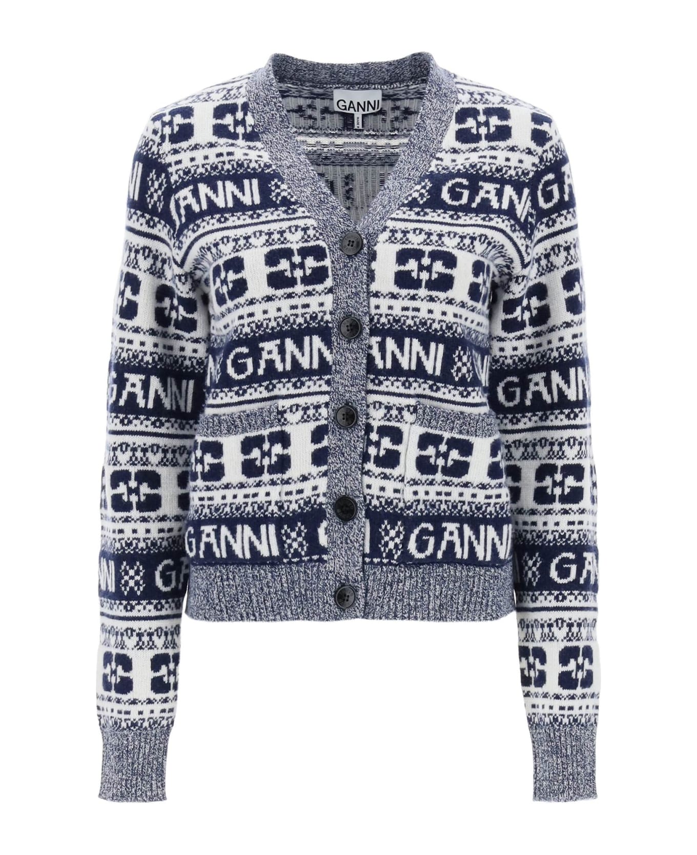 Ganni Jacquard Wool Cardigan With Logo Pattern - SKY CAPTAIN (White) カーディガン