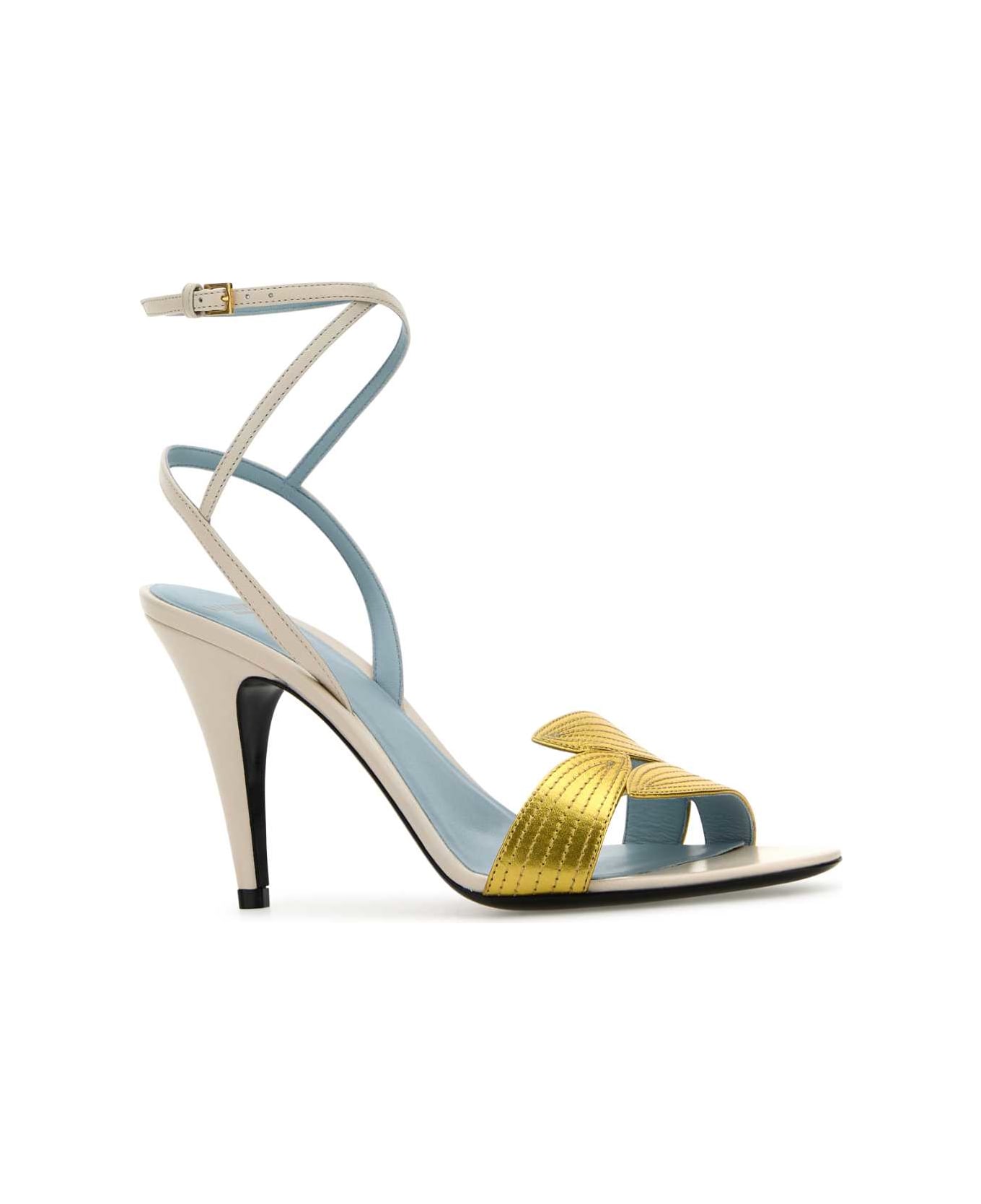 Valentino Garavani Ivory Leather Foliefoliage Sandals - LIGHTIVORYOLDGOLD
