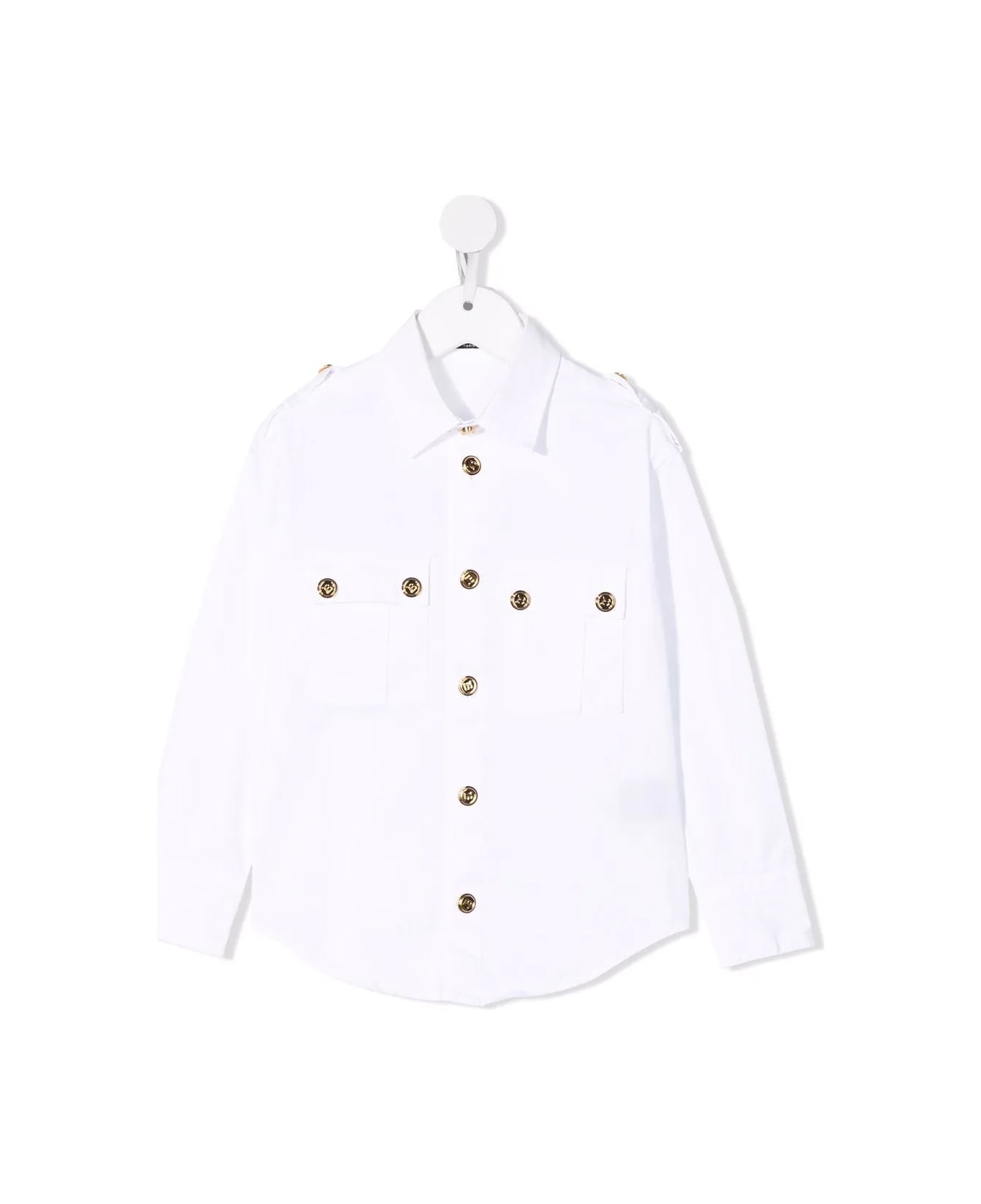 Balmain Kids White Cotton Shirt With Golden Embossed Buttons - White