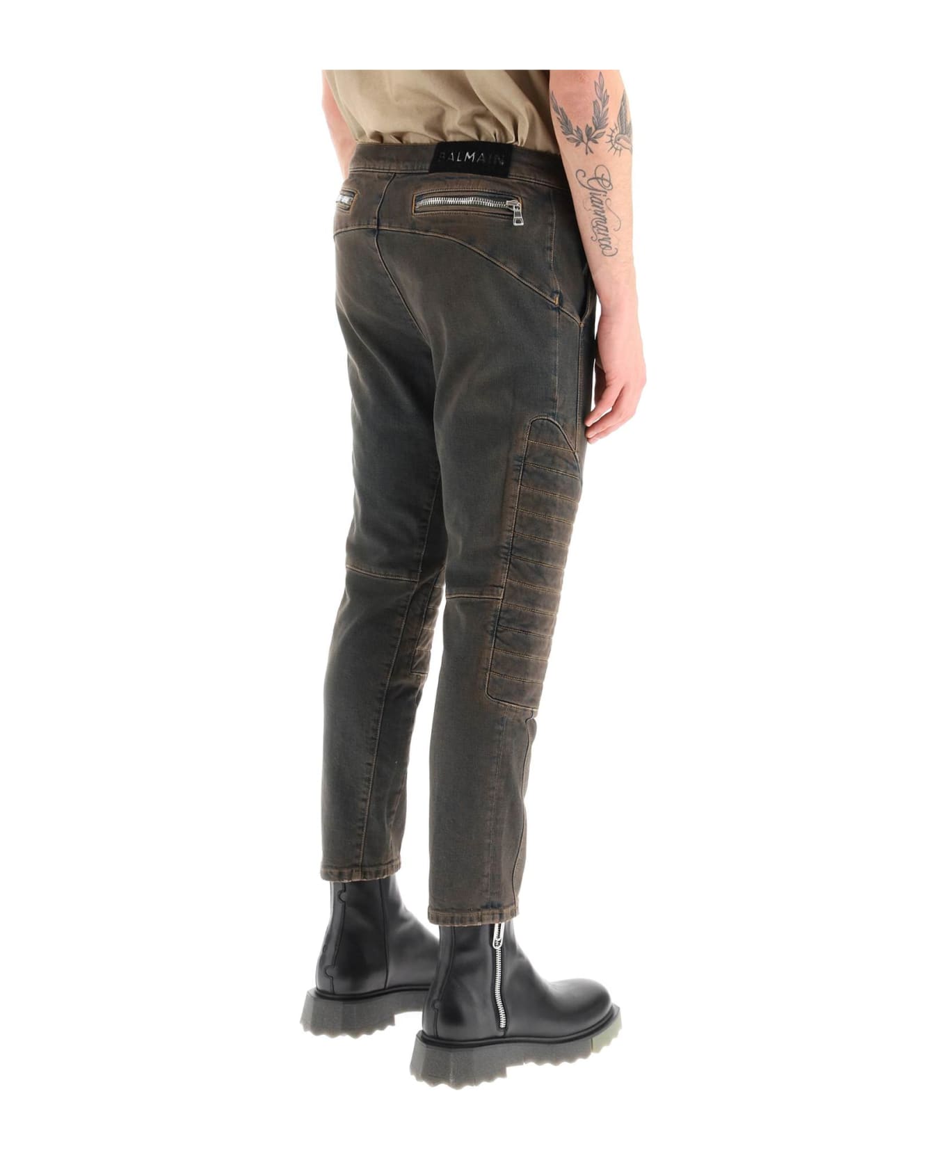 Balmain Stretch Jeans With Quilted And Padded Inserts - BLEU JEAN DIRTY (Brown)