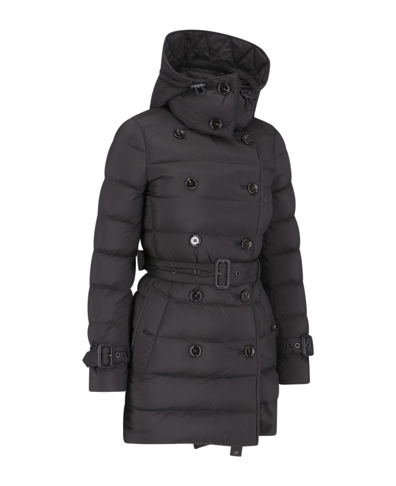 Burberry Long Black Belted Down Jacket With Removable Hood In Nylon Woman - Black
