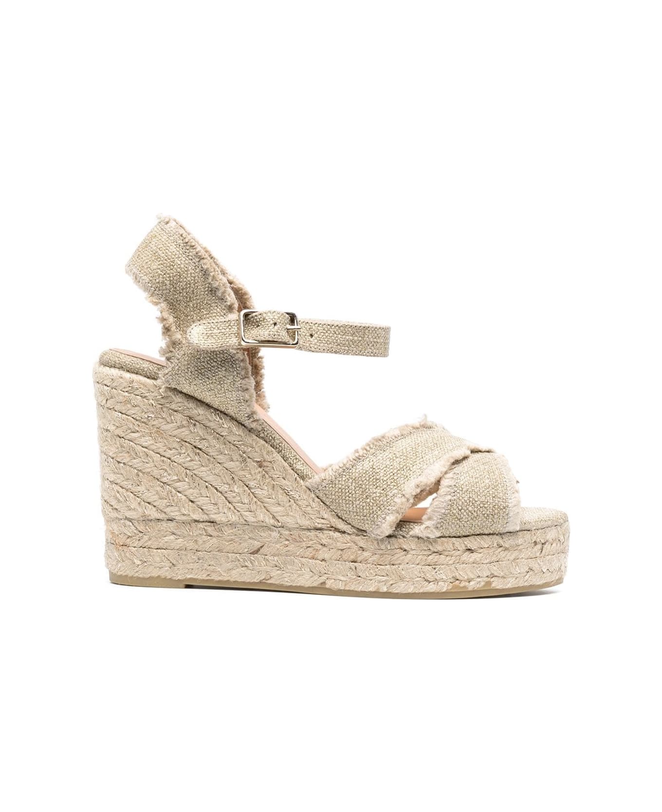 Castañer Beige Wedge Sandals With Criss-crossed Straps In Canvas And Straw Woman Castaner - Metallic