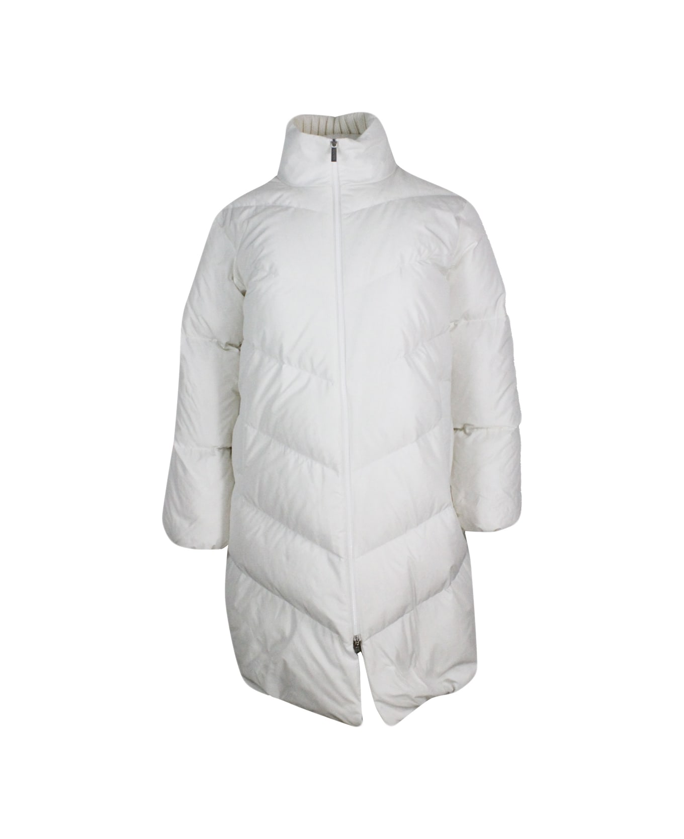 Fabiana Filippi Long Quilted Down Jacket With An Oversized Fit With Knit Collar Embellished With Brilliant Jewels. - White
