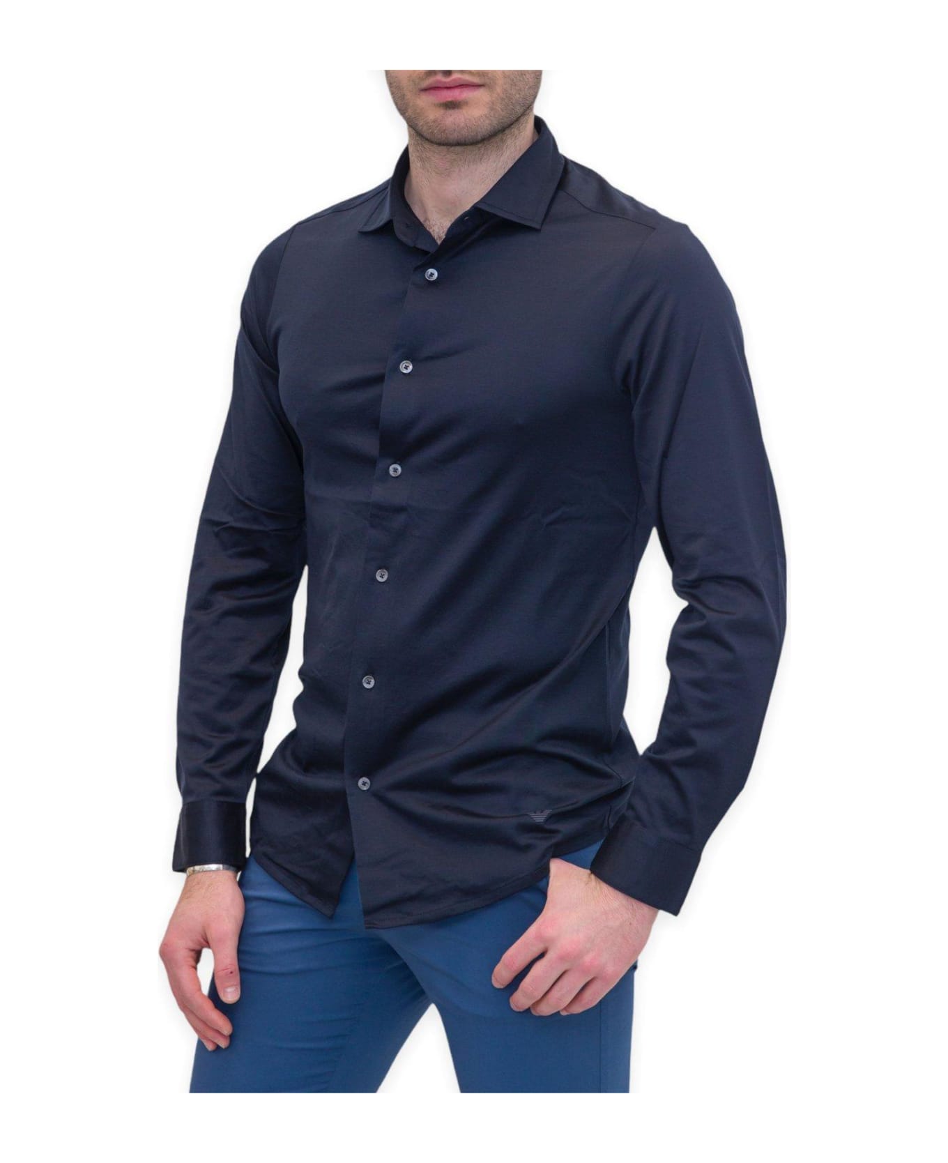 Emporio Armani Curved Hem Buttoned Shirt - Blue