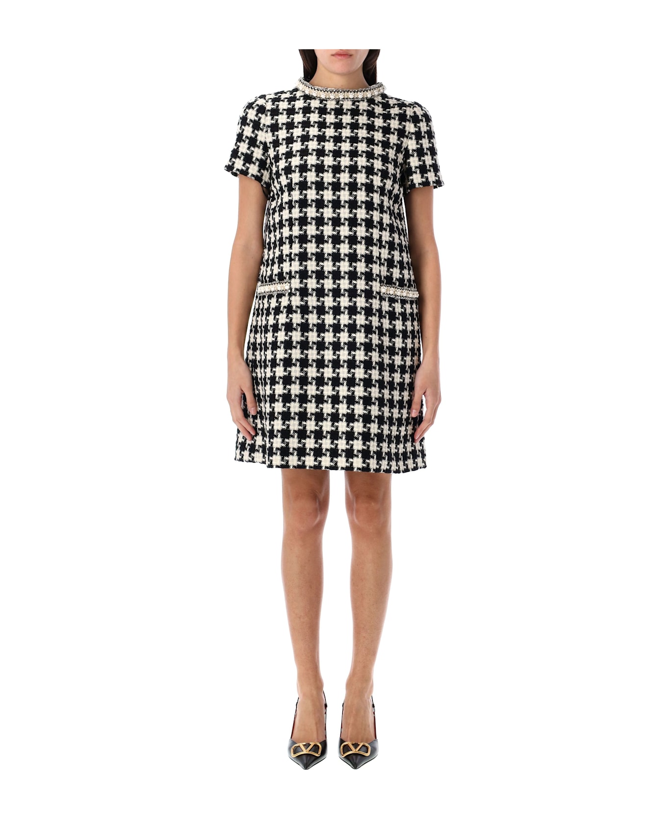 Valentino Garavani Embroidered Damier Light Tweed Short Dress - BLACK IVORY