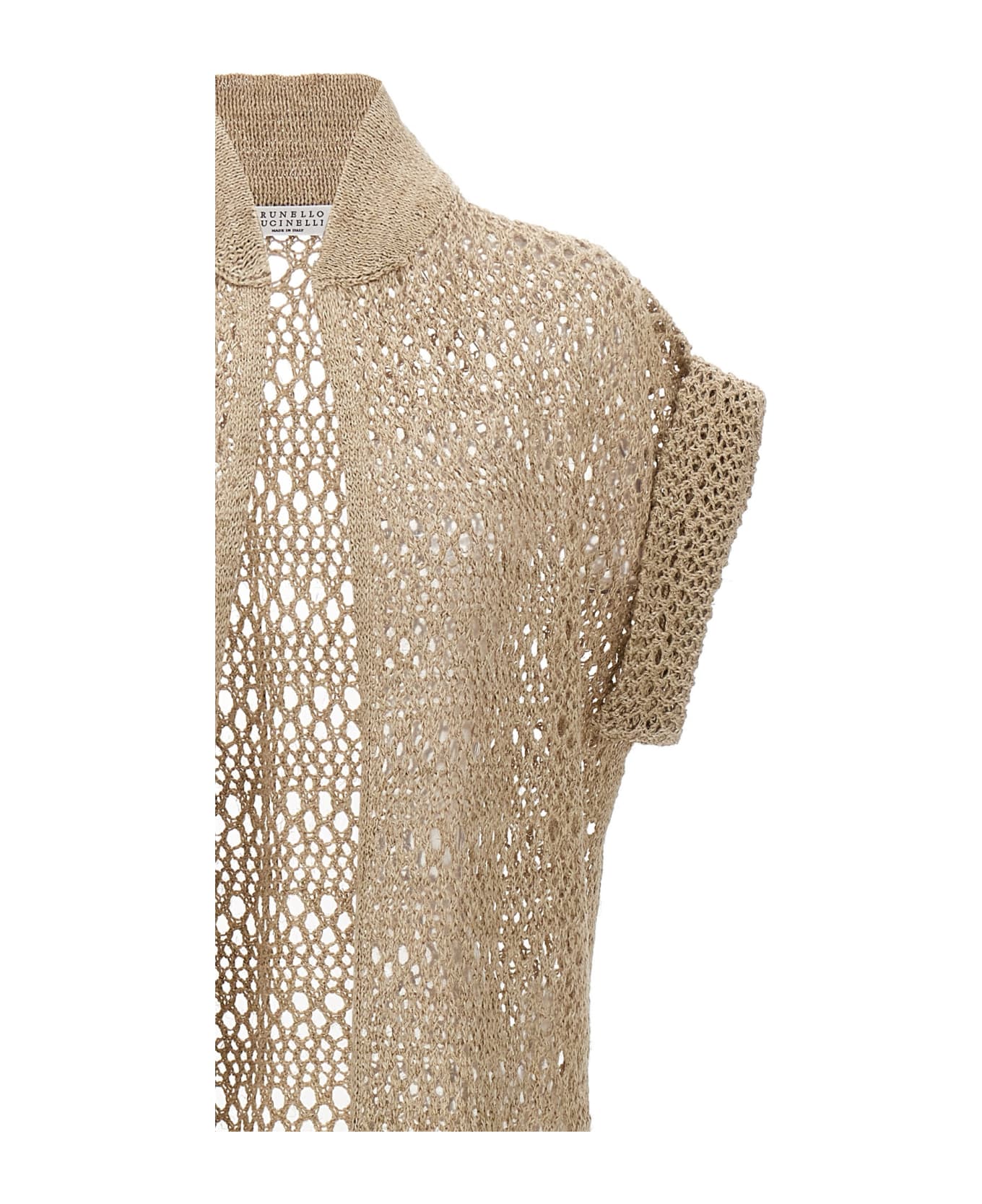 Brunello Cucinelli Net Long Cardigan In Linen And Silk - Beige ニットウェア