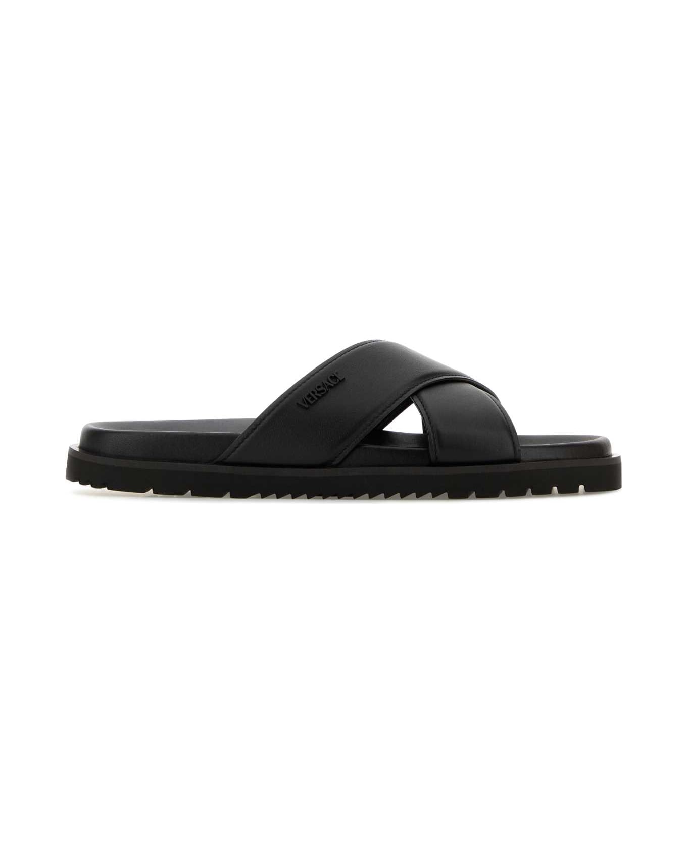 Versace Black Leather Slippers - BLACK