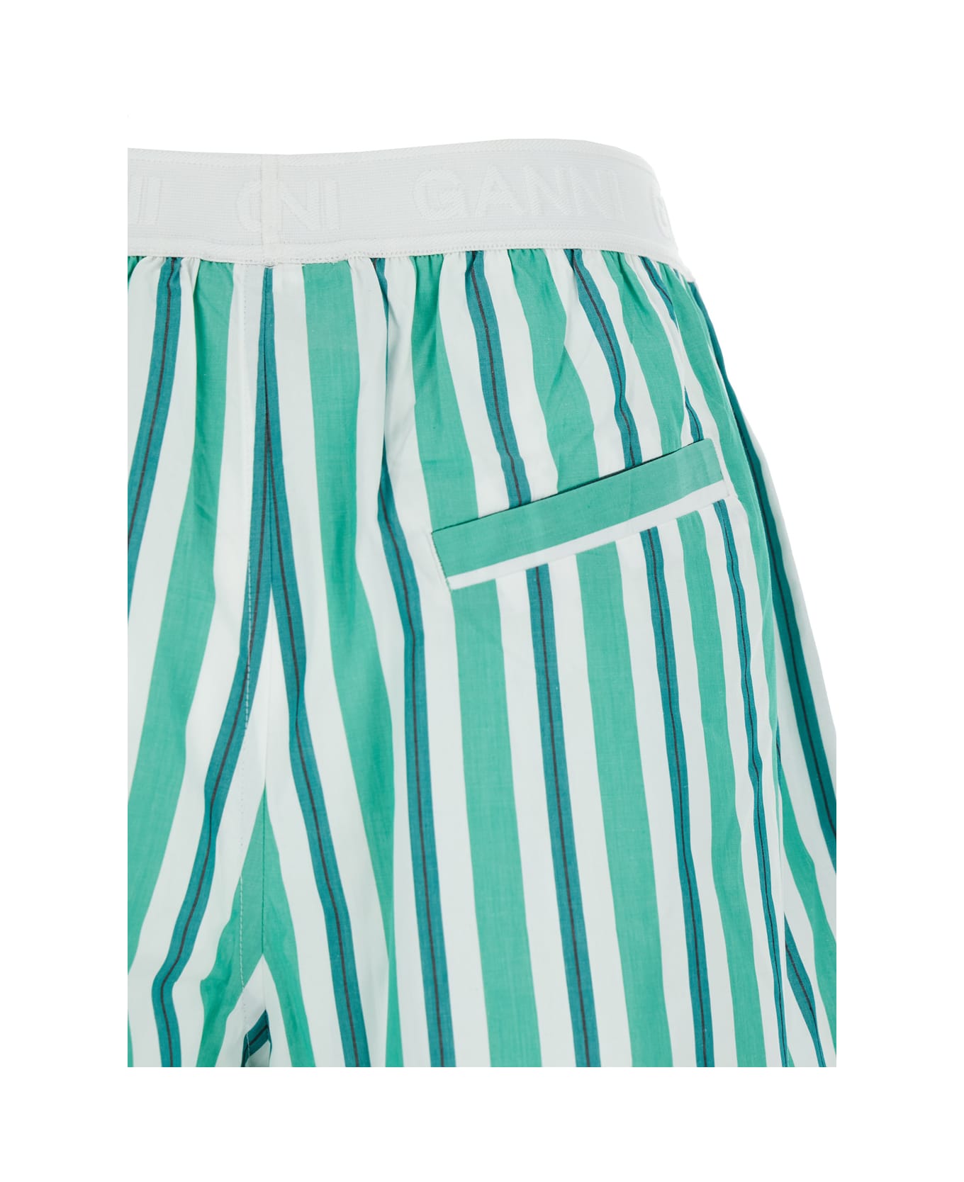 Ganni Green Striped Shorts In Cotton Woman - Green