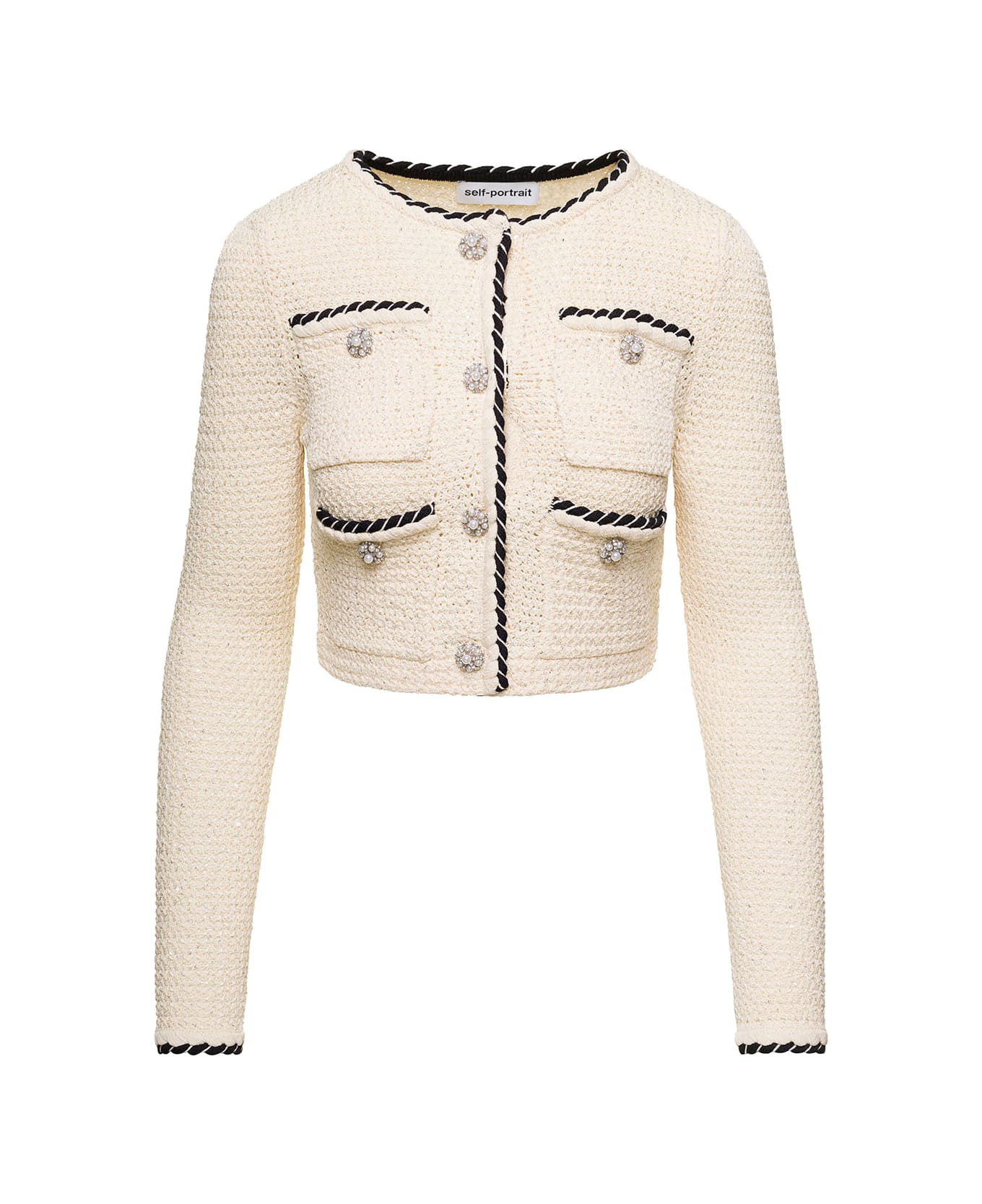 self-portrait Cream Sequin Knitted Crop Cardigan - White