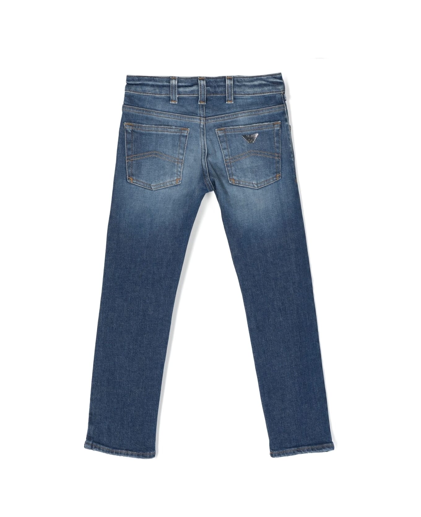Emporio Armani Blue Five-pocket Jeans With Logo Patch In Stretch Cotton Denim Boy - Blu