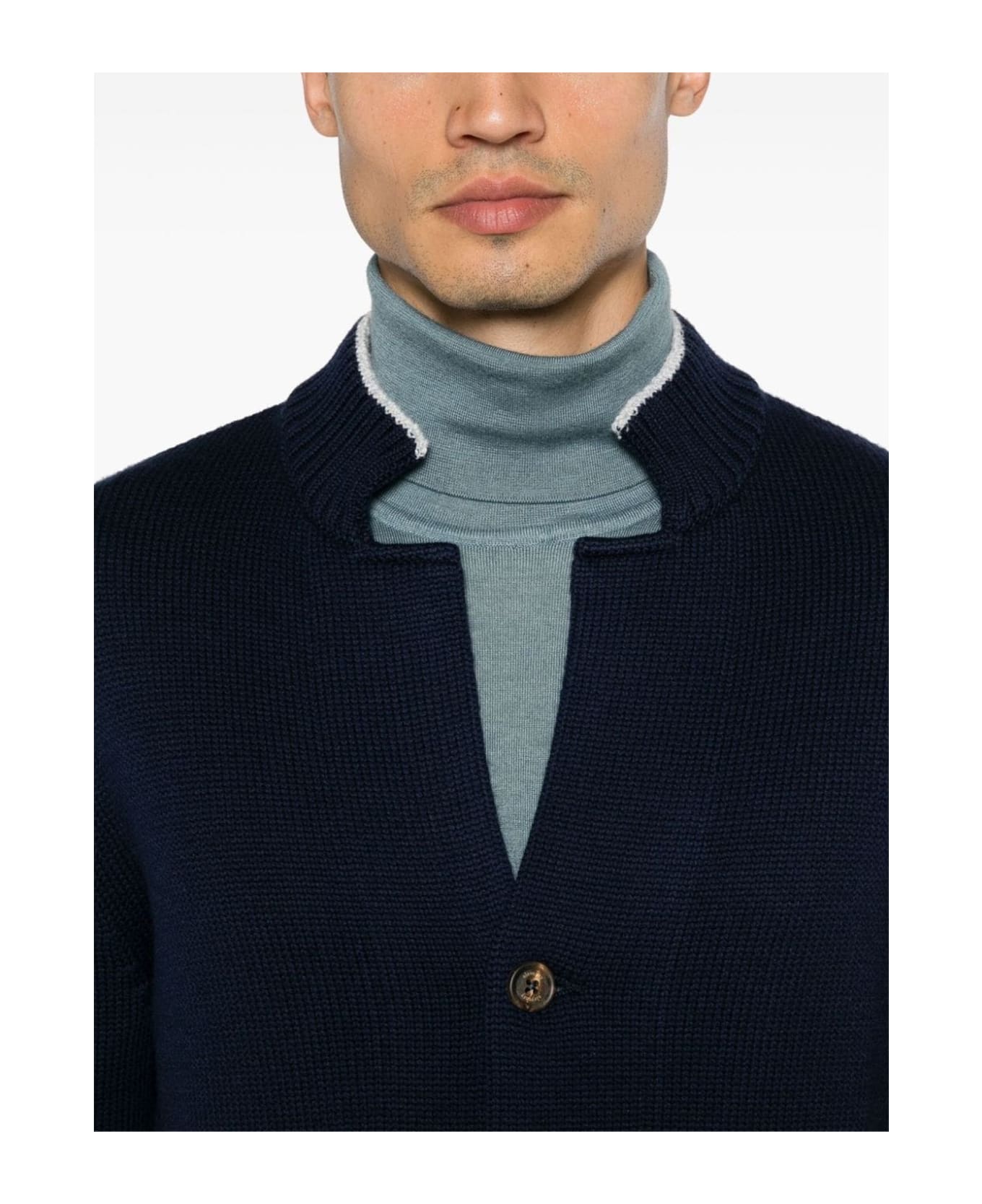 Eleventy Navy Blue Wool Cardigan - BLUE, LIGHT GRAY