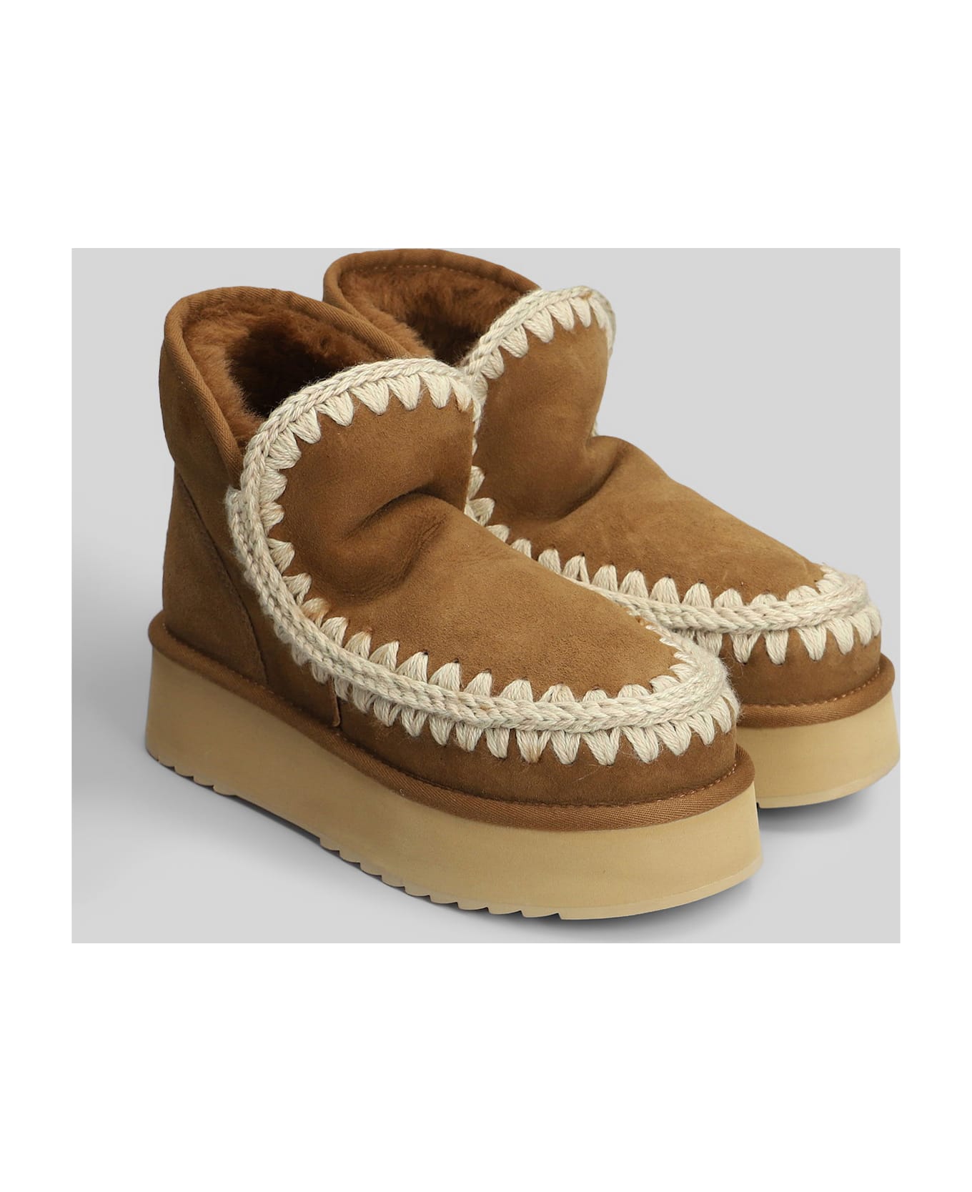 Mou Mini Eskimo Platform Ankle Boots Inside Wedge In Brown Suede - brown
