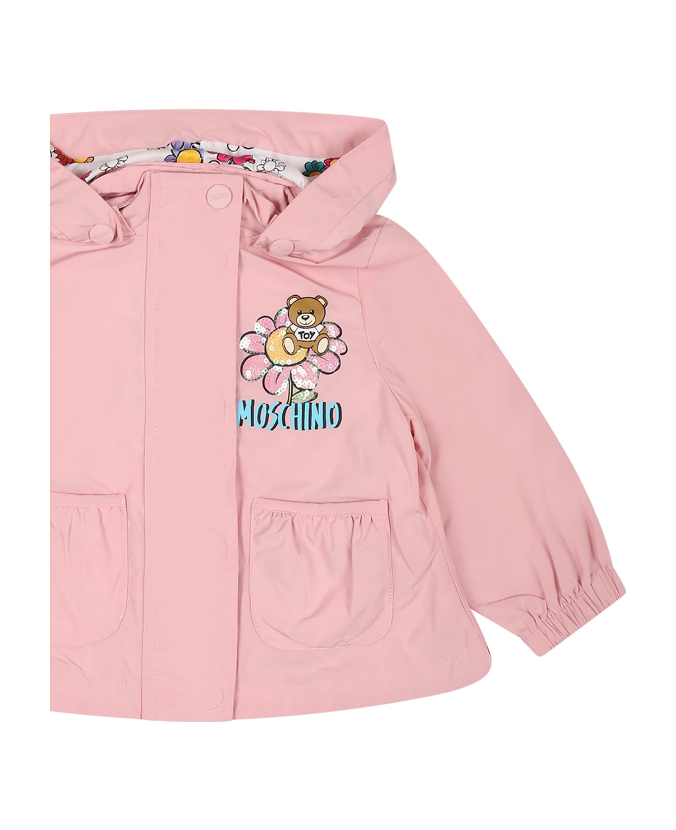 Moschino Pink Raincoat For Baby Girl With Teddy Bear And Logo - Pink コート＆ジャケット