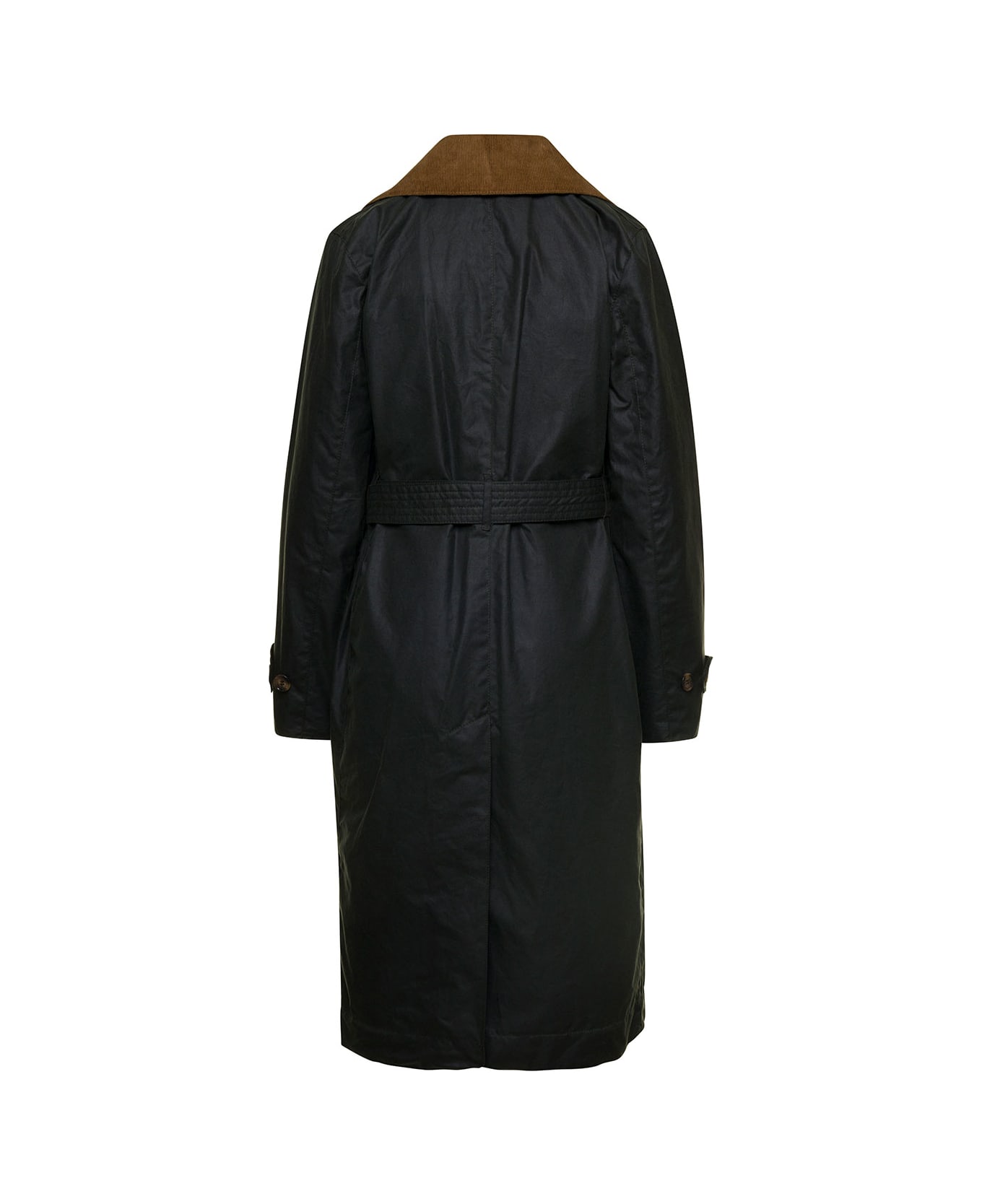 Barbour 'simone' Black Belted Trench Coat With Corduroy Revers In Waxed Cotton Woman - Green