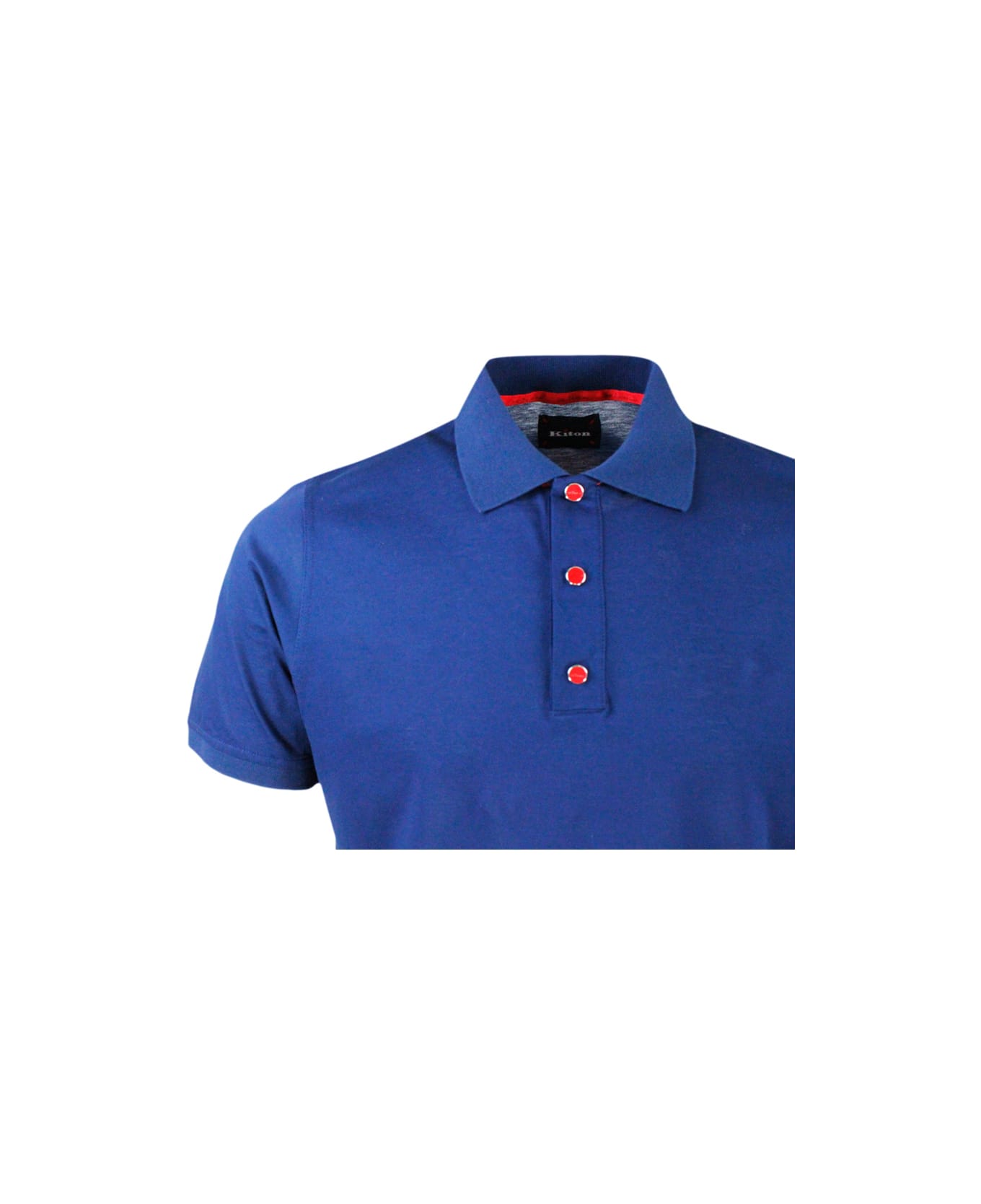 Kiton Short-sleeved Polo Shirt In Very Soft Cotton Crepes With Closure With Three Press Studs With Logo - Blu
