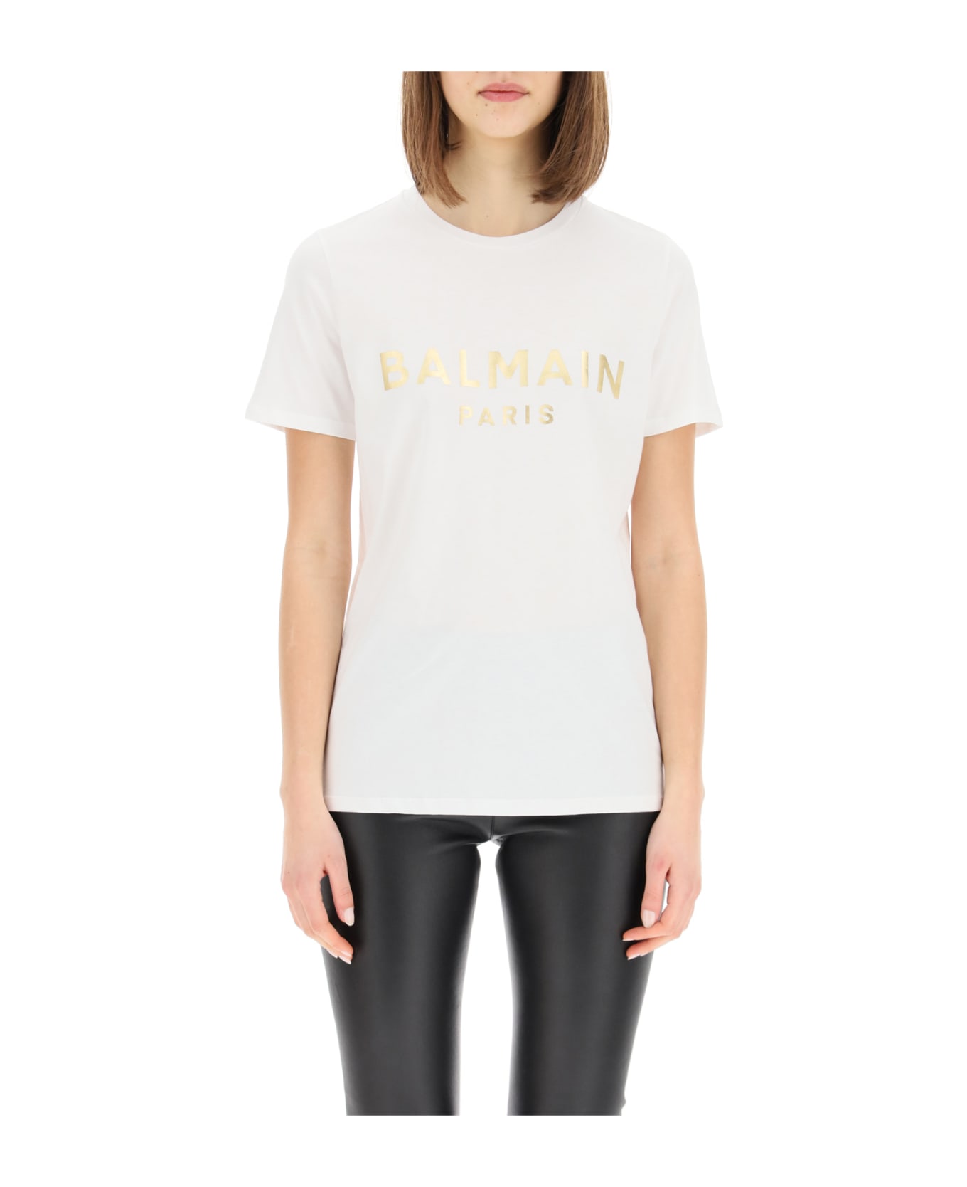 Balmain T-shirt With Metallic Gold Logo - Bianco