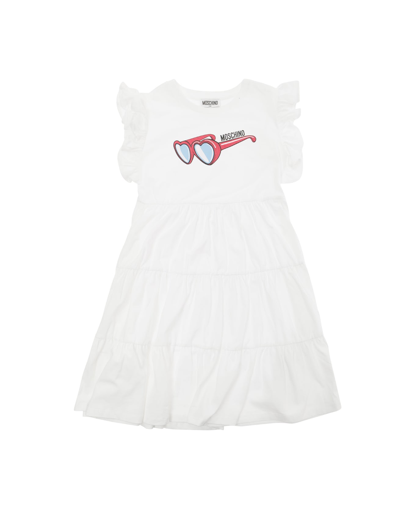 Moschino White Flounced Dress With Sunglasses Print In Stretch Cotton Girl - White