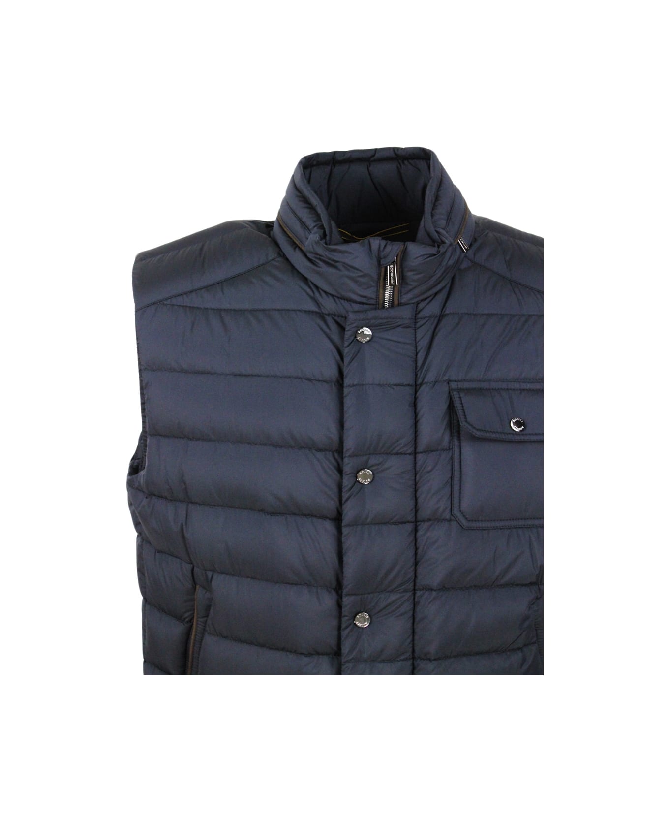 Moorer Sleeveless Vest Padded With Real Goose Down With Concealed Hood And Front Zip And Button Closure - Blu ベスト