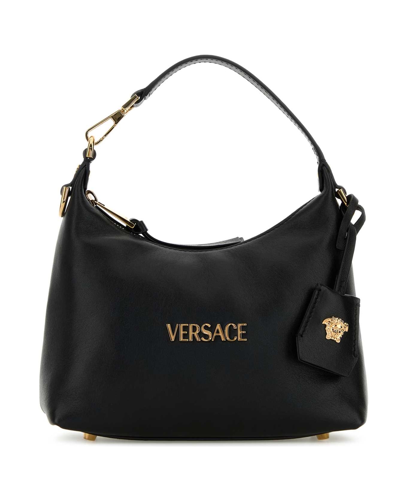 Versace Black Leather Hobo Versace Tag Handbag - BLACKVERSACEGOLD