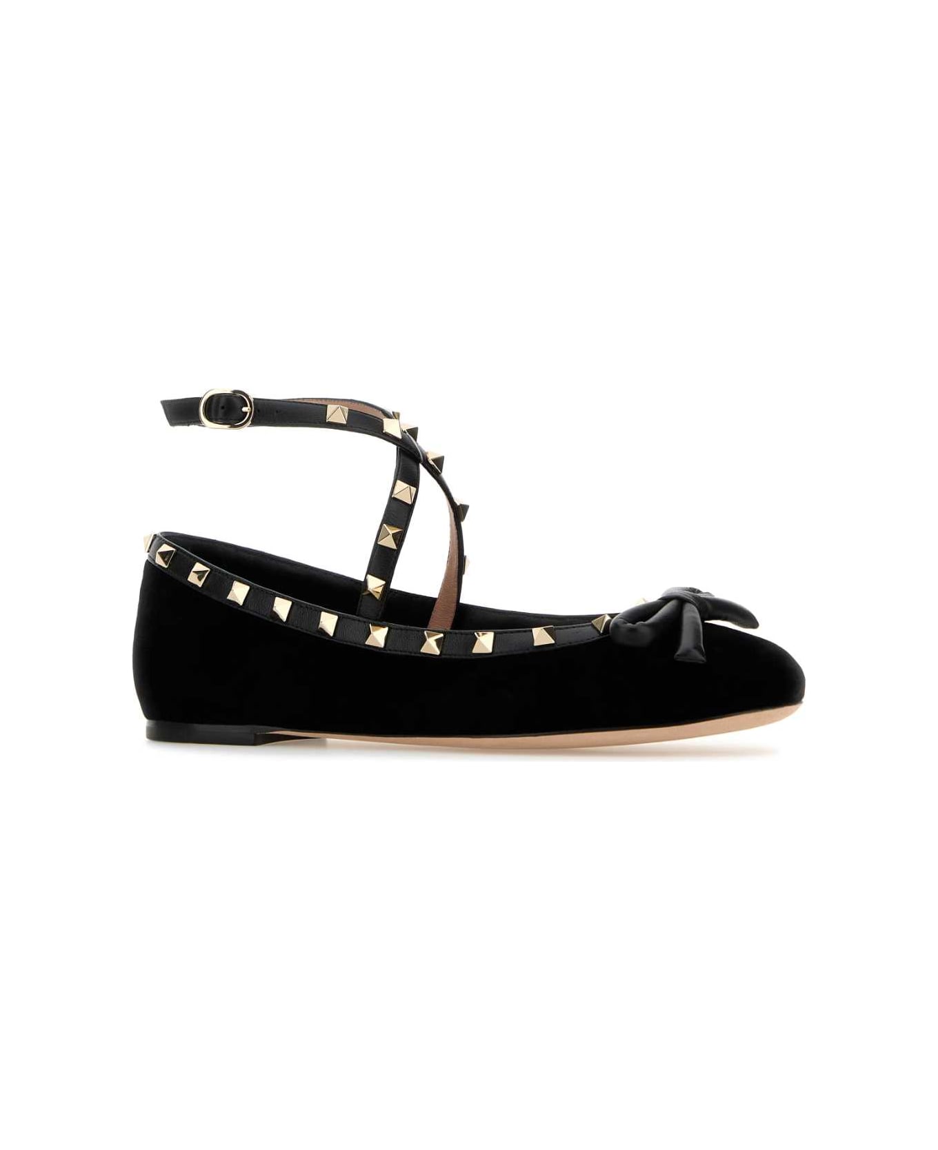 Valentino Garavani Black Velvet Rockstud Ballerinas - NERO