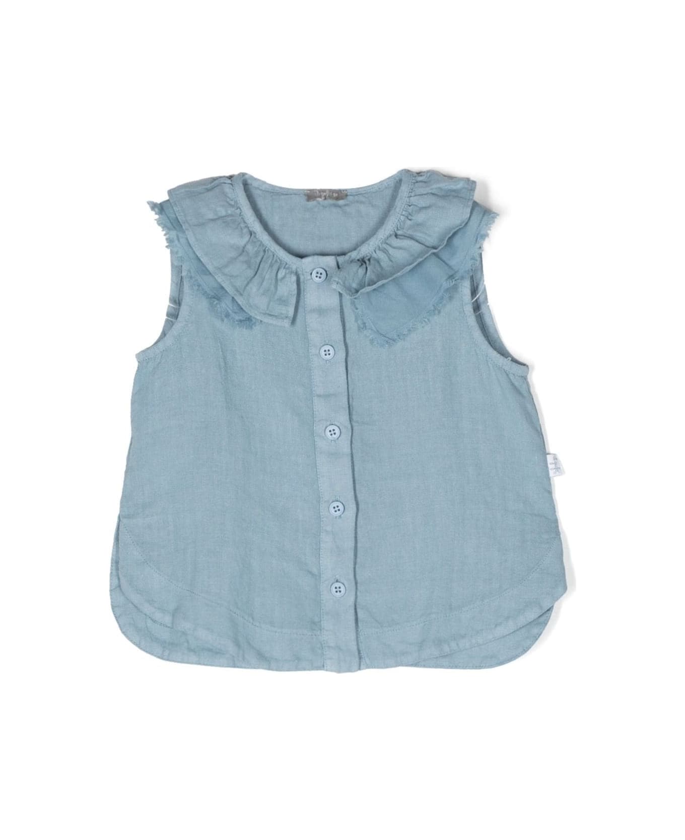 Il Gufo Light Blue Sleeveless Shirt With Ruched Detailing In Linen Girl - Polvere