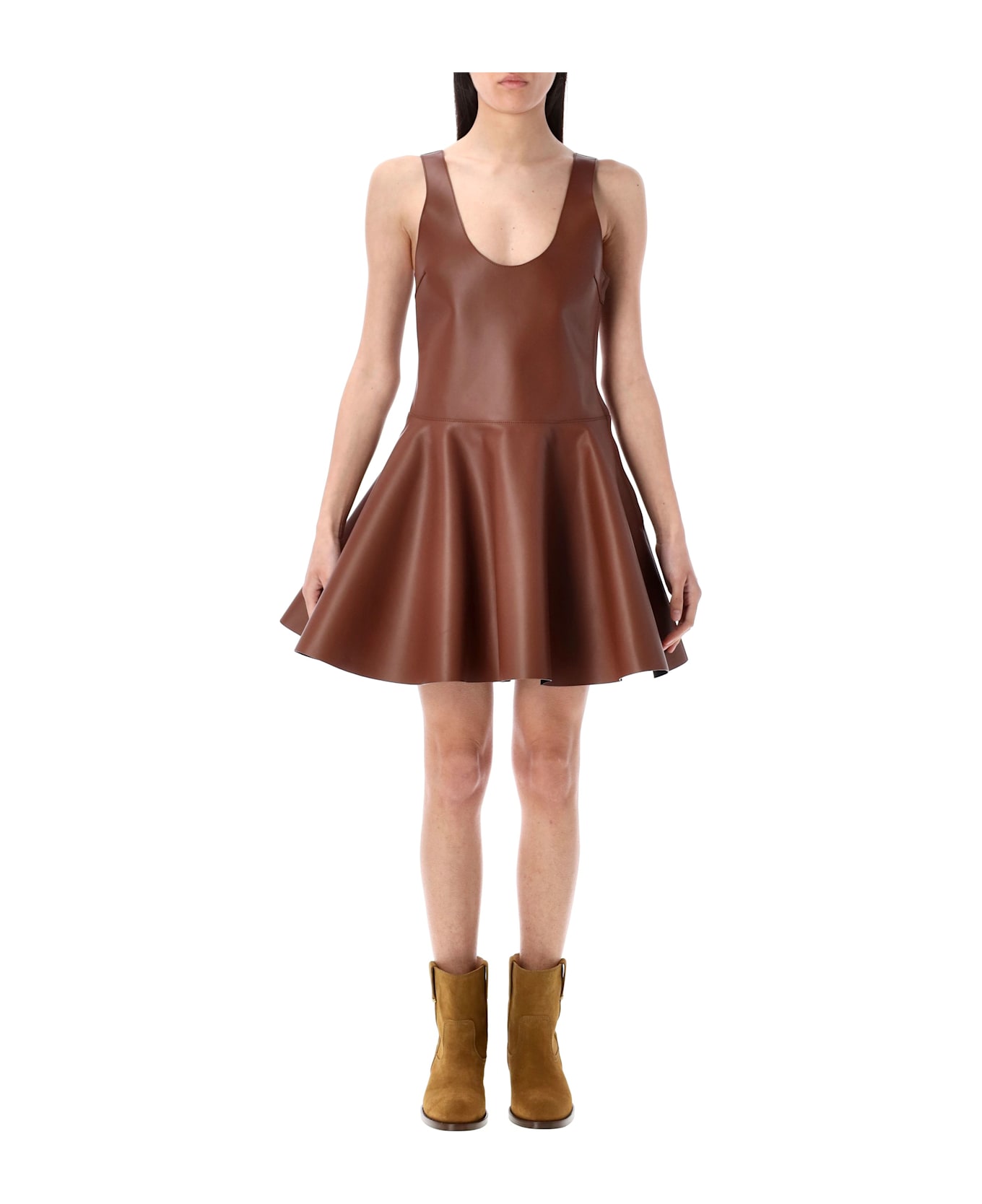 J.W. Anderson Circle-shirt Leather Mini Dress - CHESTNUT