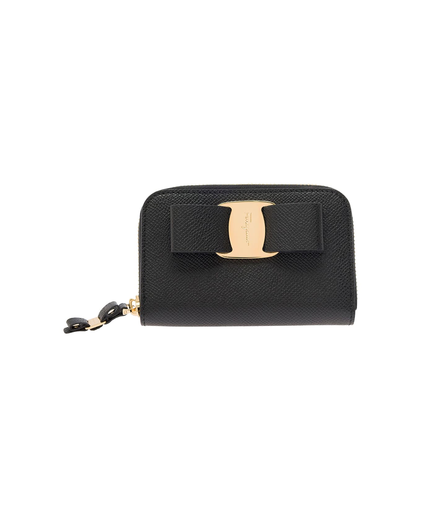 Ferragamo 'vara' Black Card-holder With Bow And Logo Detail In Hammered Leather Woman - Black