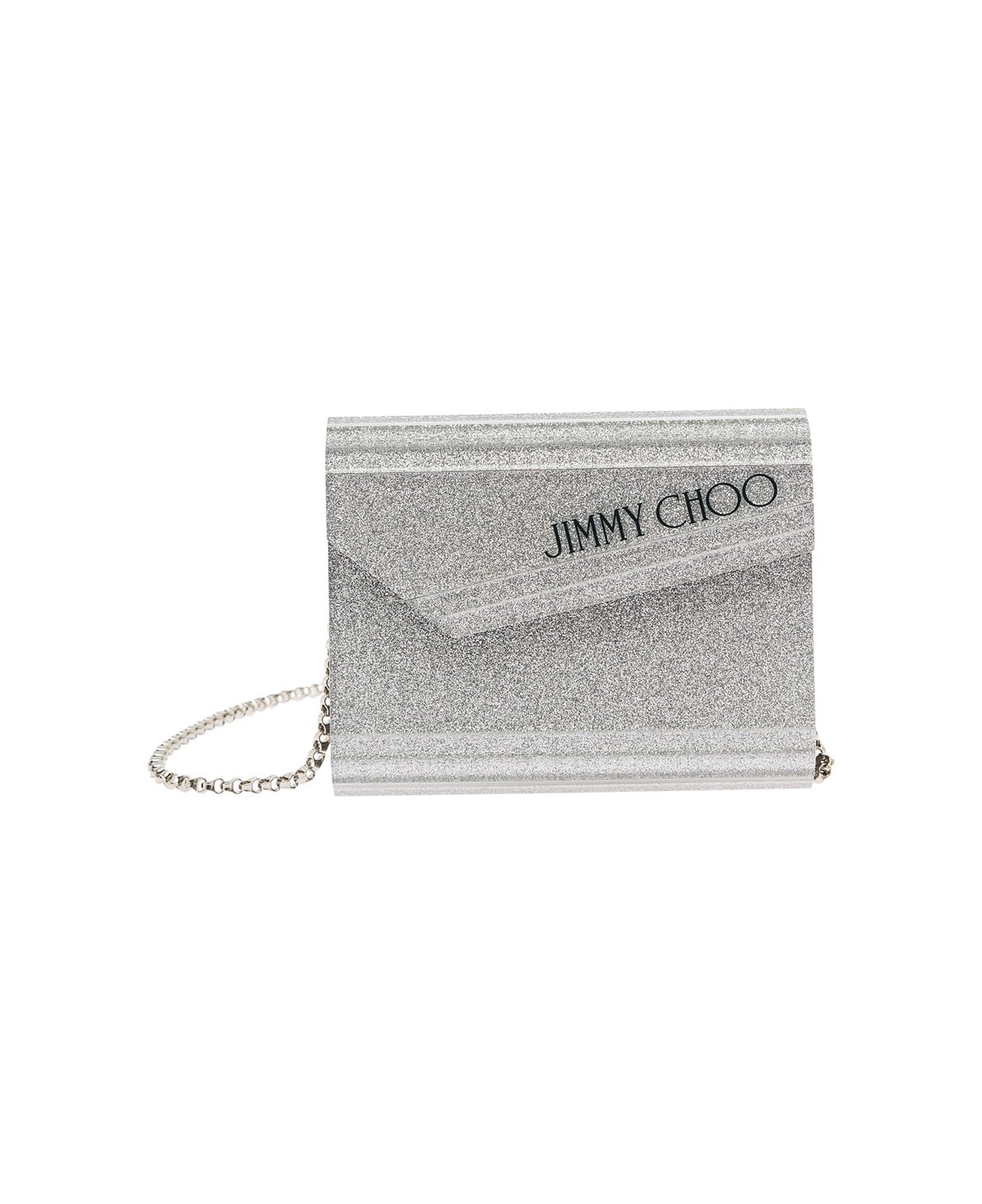 Jimmy Choo Silver Compact Clutch Bag With Chain And Logo Detail In Glitter Acrylic Woman - Metallic
