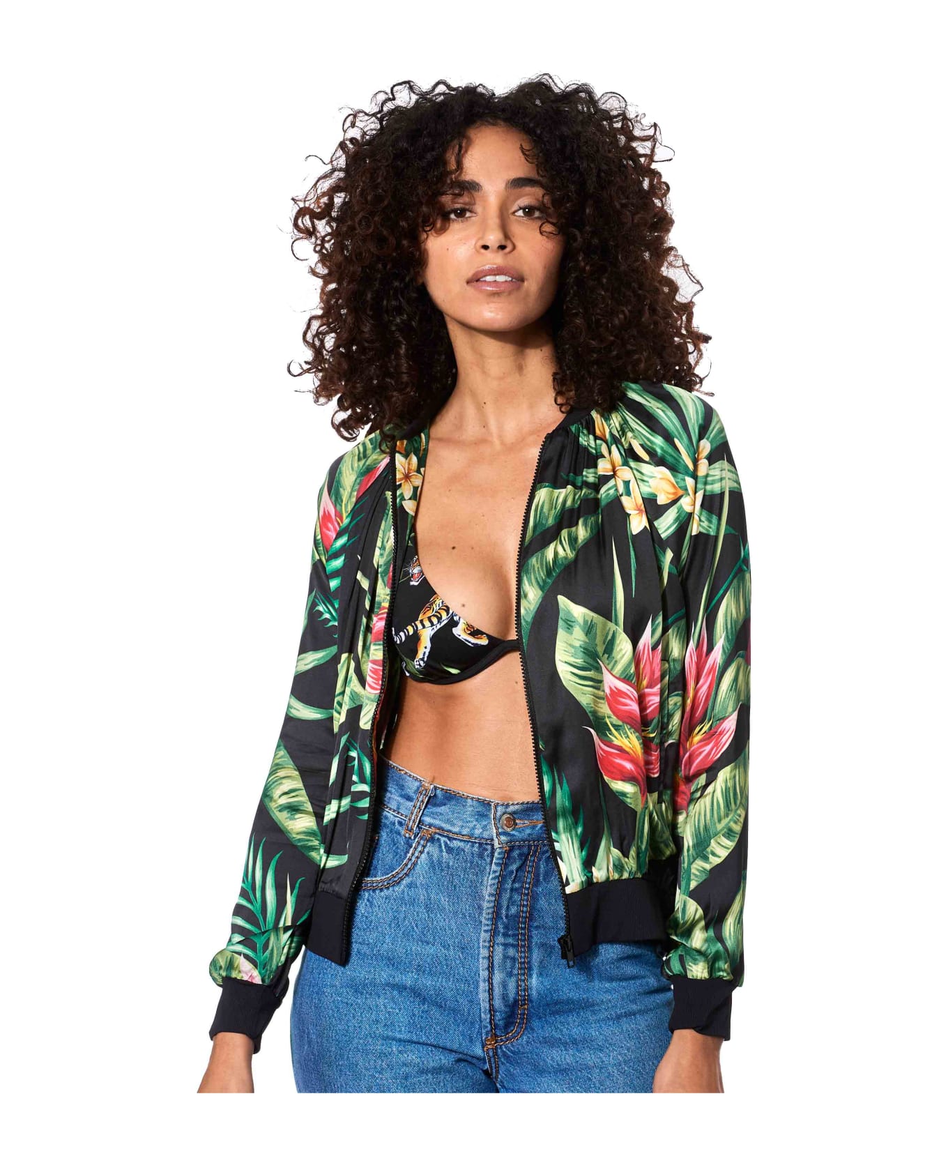 MC2 Saint Barth Tropical Print Bomber Jacket - BLACK