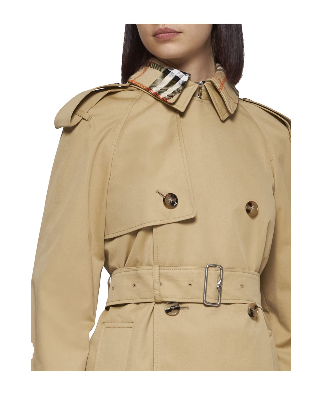 Burberry Cotton Double-breasted Short Trench Coat - Flax