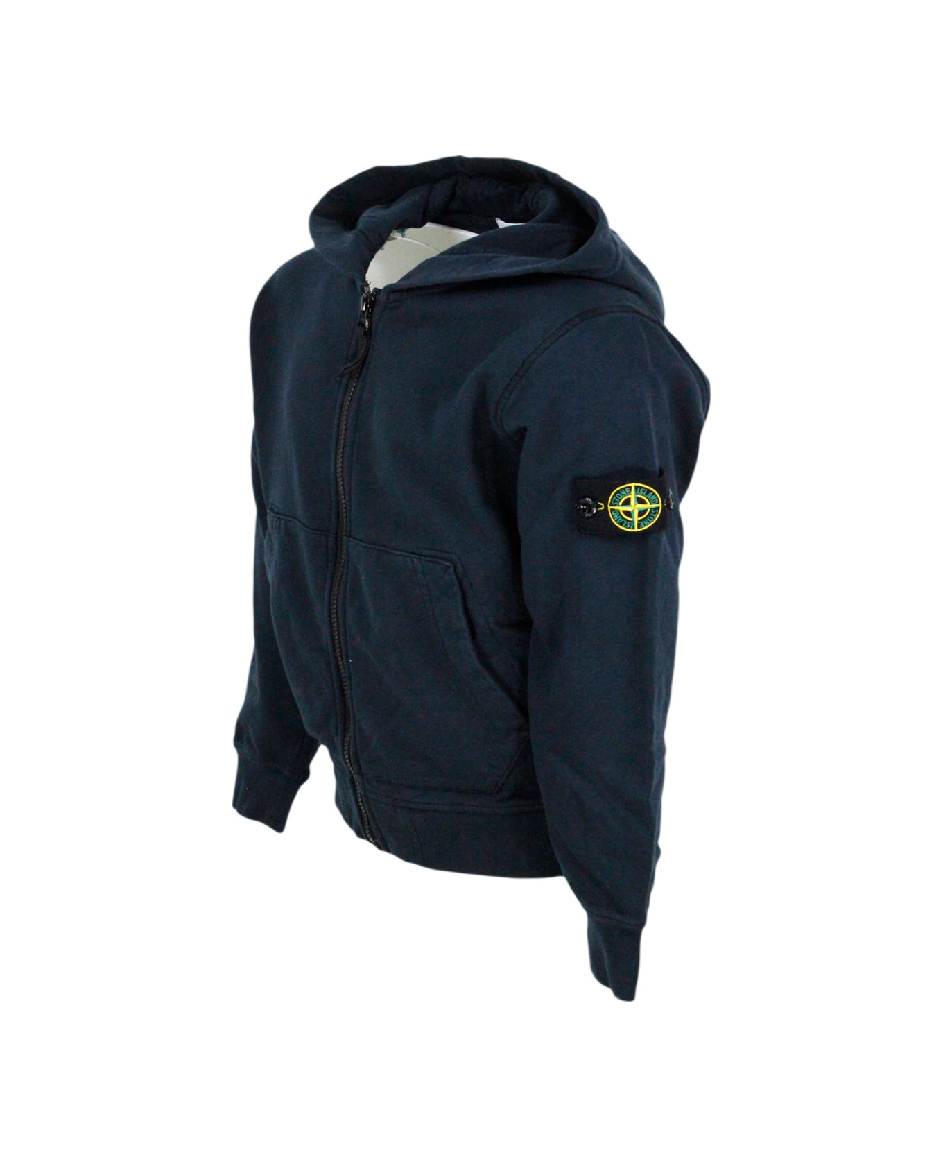 Stone Island Junior Cotton Sweatshirt With Hood And Zip Closure. Kangaroo Pockets And Logo On The Sleeve - Blu