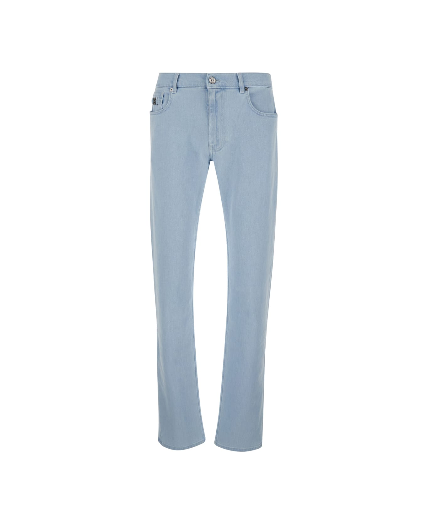Versace Light Blue Skinny Jeans With Logo Patch In Denim Man - Light Blue Ice