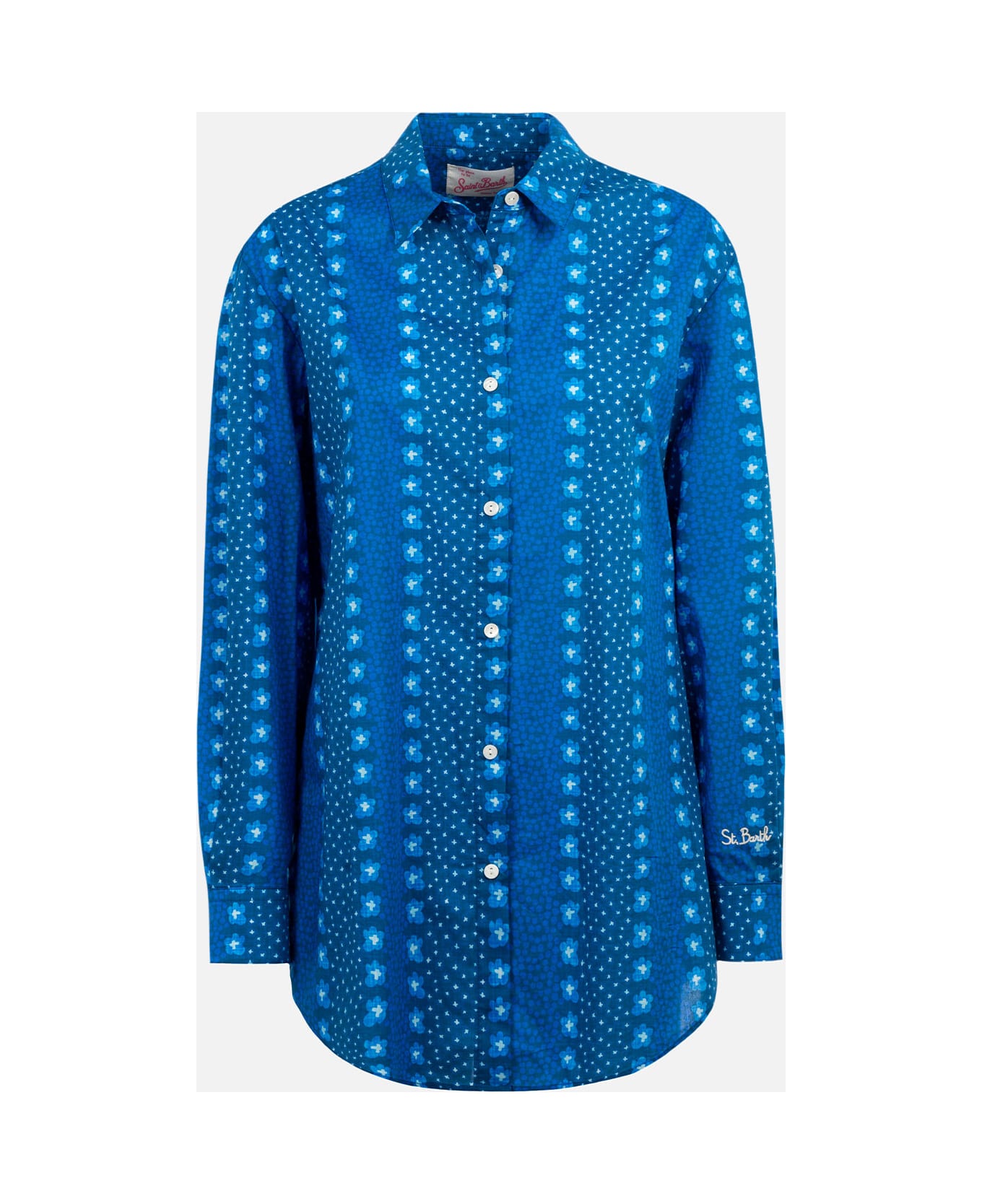 MC2 Saint Barth Woman Cotton Shirt Brigitte With Indigo Flower Print - BLUE