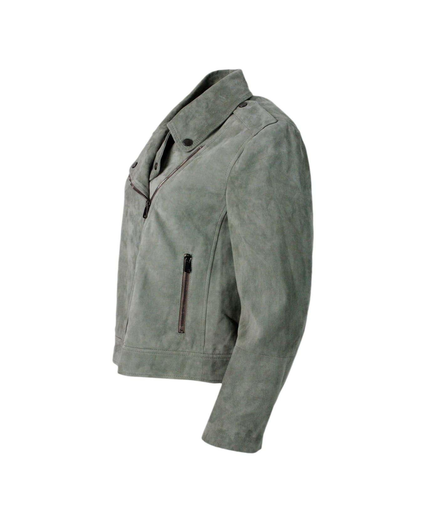 Brunello Cucinelli Biker Jacket In Precious And Soft Suede With Rows Of Brilliant Monili Behind The Neck - Green