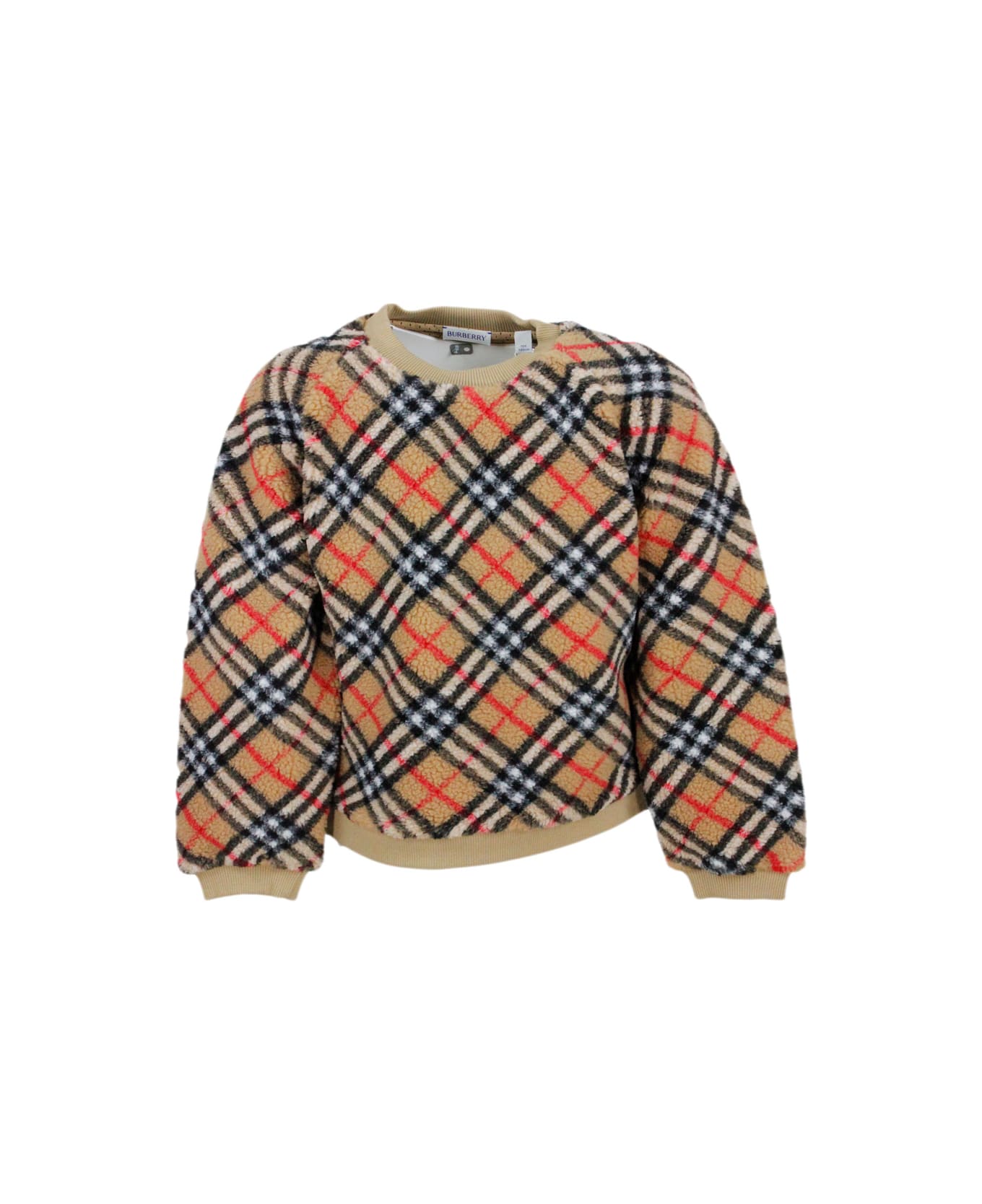 Burberry Long-sleeved Crew-neck Sweater In Fleece With Check Pattern And Ribbed Fabric Cuffs - Beige