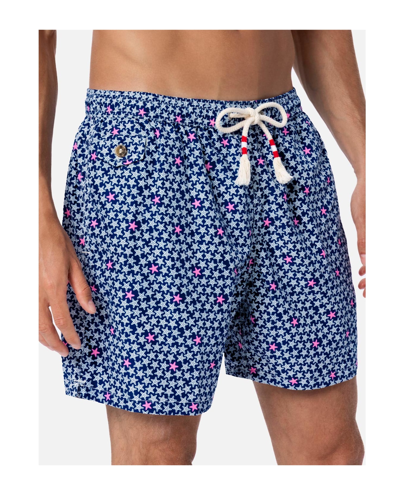 MC2 Saint Barth Man Lightweight Fabric Swim-shorts Lighting 70 With Starfishes Print - BLUE