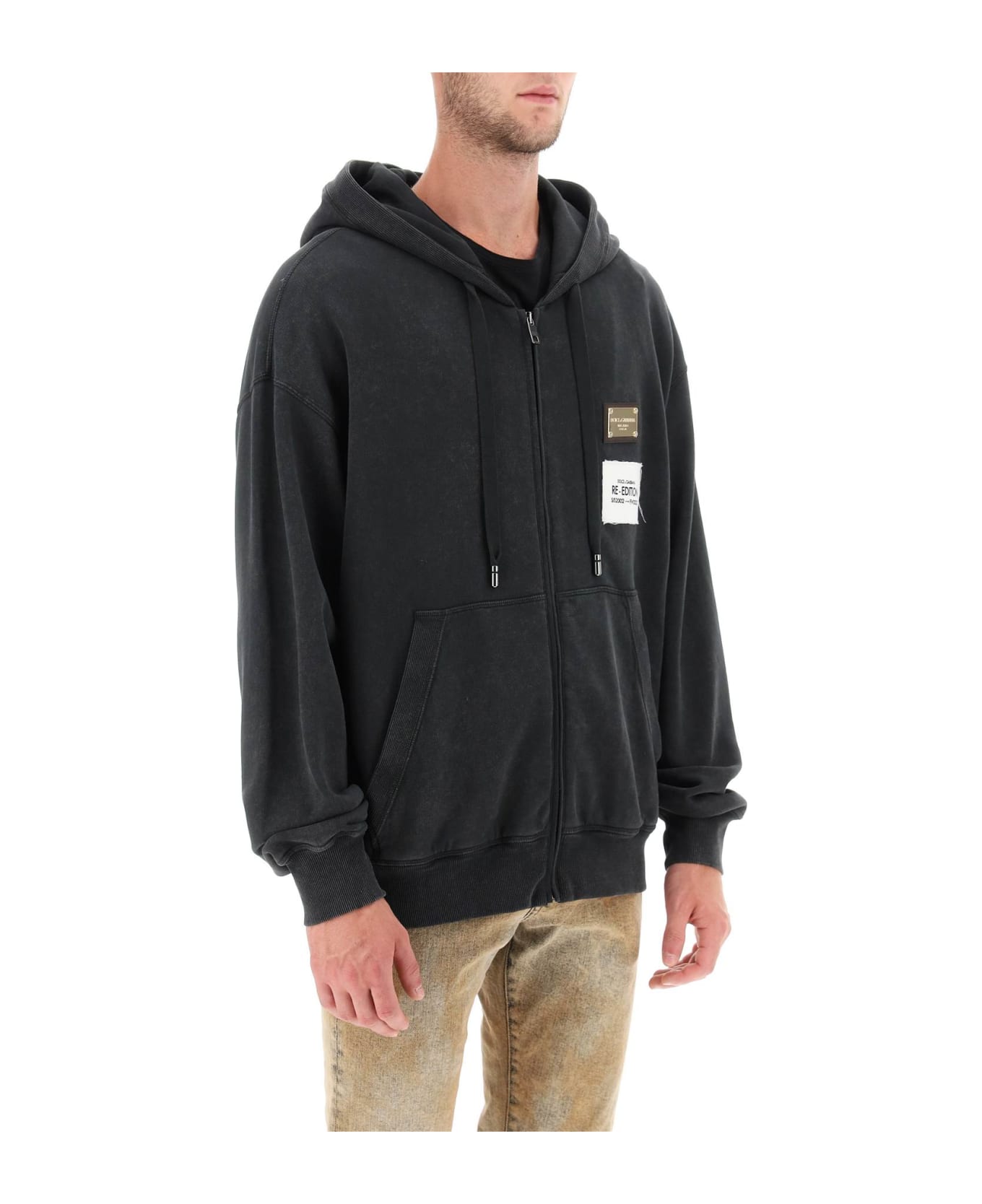 Dolce & Gabbana Washed Jersey Sweatshirt With Hood And Logo Zip - Grey