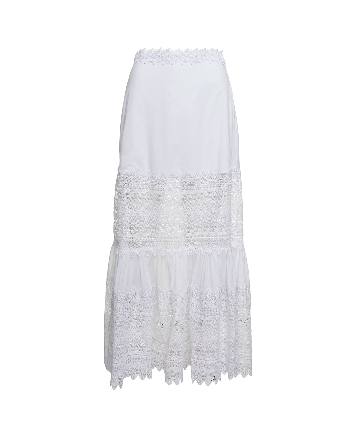 Charo Ruiz 'viola' White Flounced Skirt With Lace Inserts In Cotton Blend Woman - White スカート