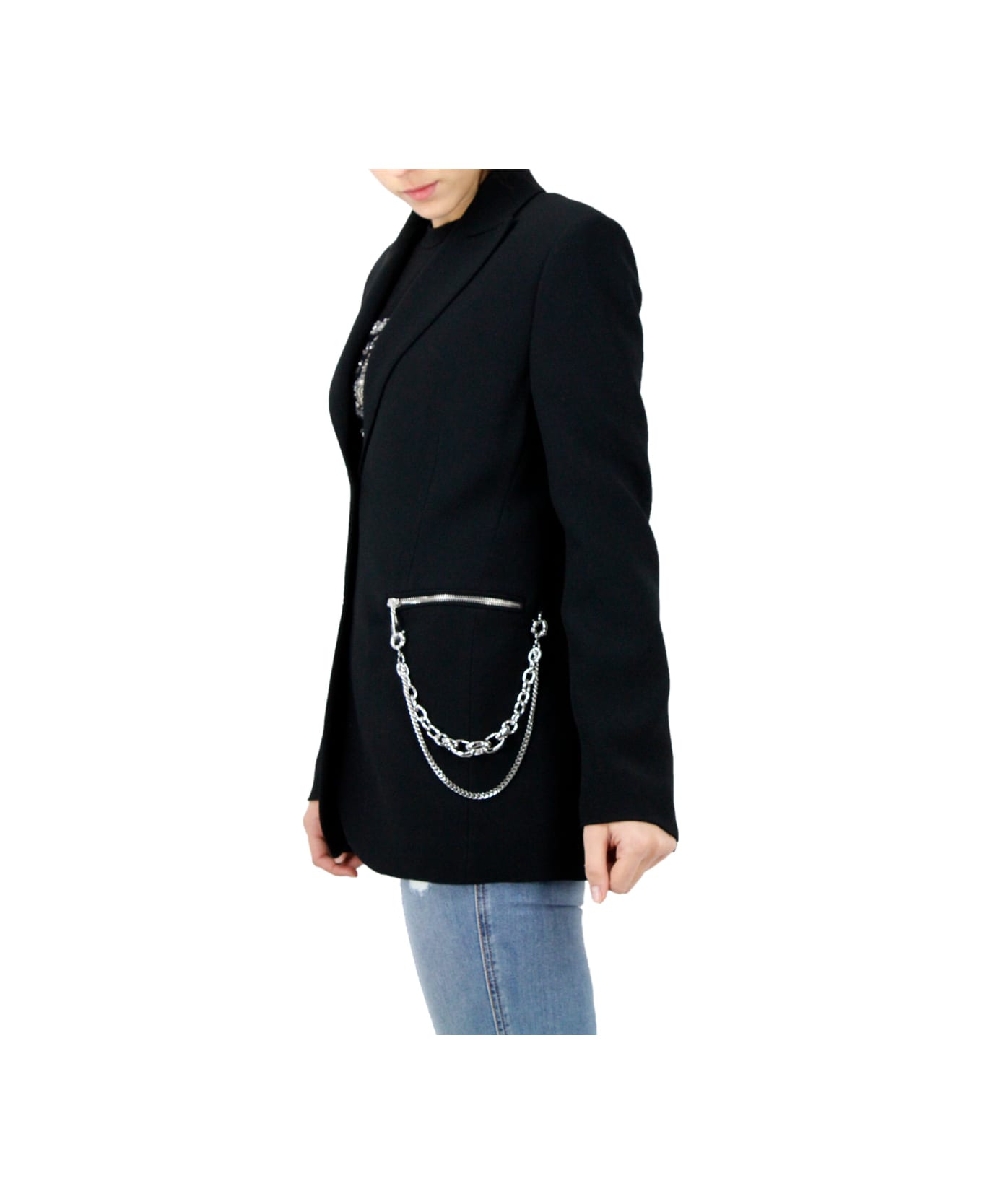 Ermanno Scervino Single-breasted Jacket Made Of Soft Stretch Viscose, Two-button Closure, Zip Pockets And Chain On The Pocket - Black