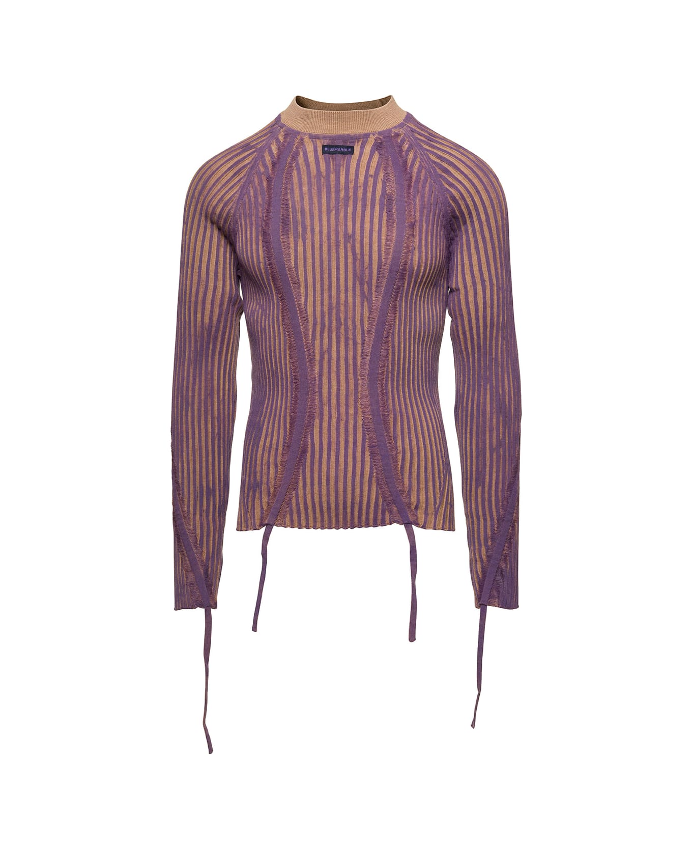 Bluemarble Beige And Violet Hand-painted Rib Sweater With Drawstring In Wool Man - Beige