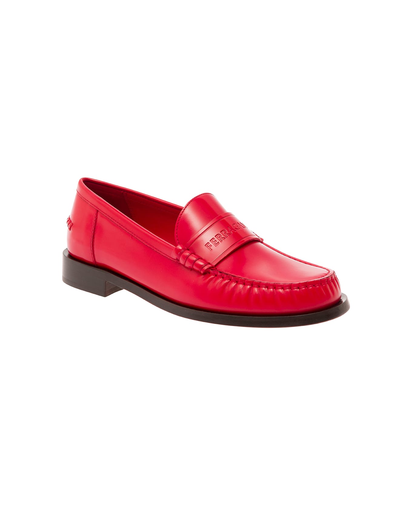 Ferragamo Red Loafers With Embossed Logo In Smooth Leather Woman - Red