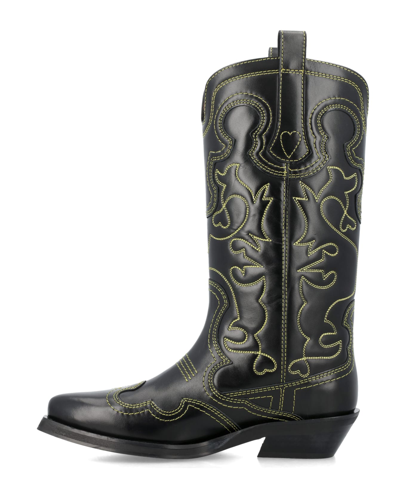 Ganni Mid Shaft Embroidered Western Boots - BLACK